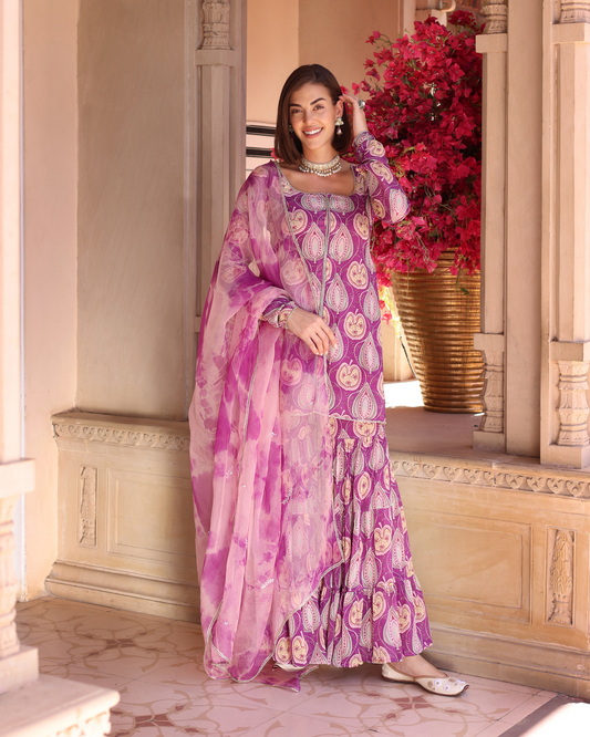 Lilac Floral Fantasy Printed Chinon Sharara Set Quick Cart