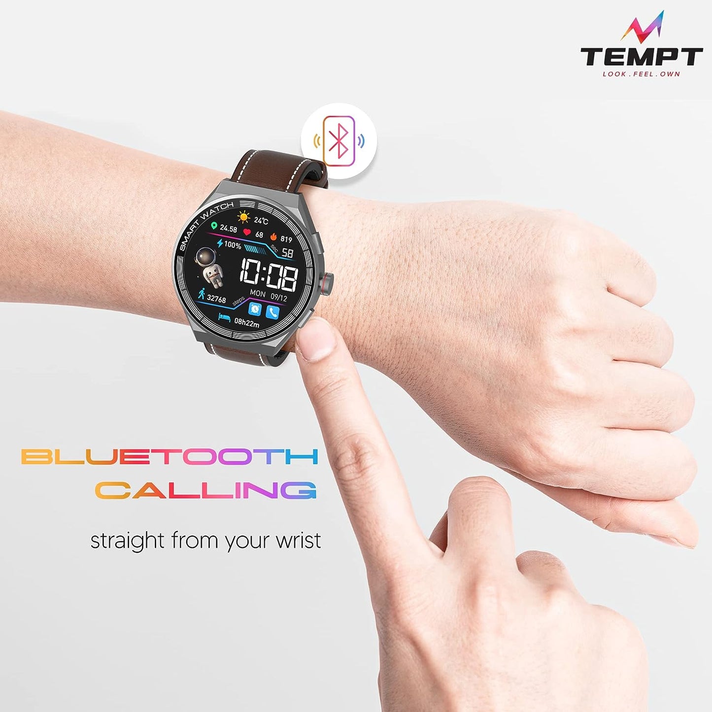 Tempt Edge Pro Smartwatch 1.51" AMOLED Display, Multiple Watch Faces & Sport Modes Brown