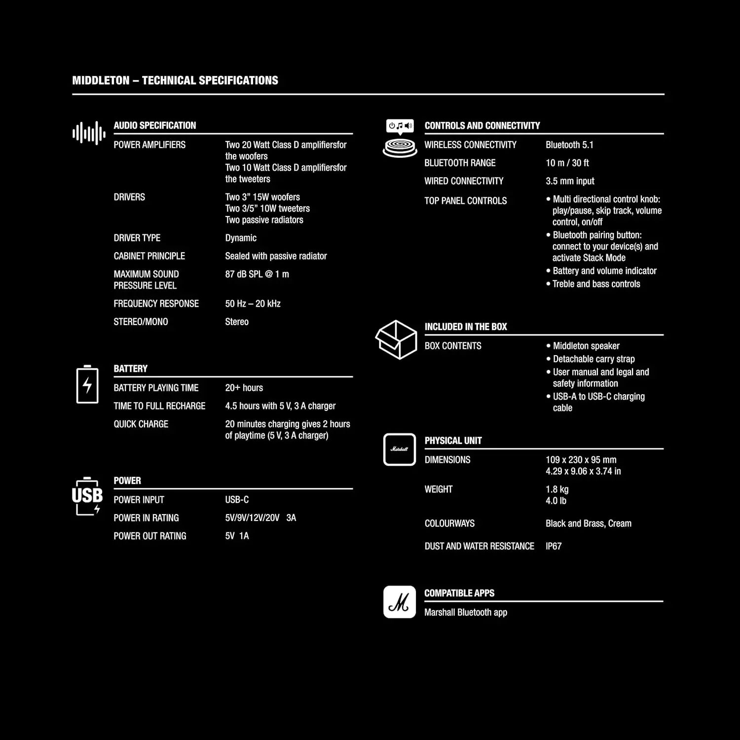 Marshall Middleton Portable Bluetooth Speaker with 20+ Hours of Portable Playtime, 360° Sound, Dust & Waterproof (IP67) - Black & Brass.