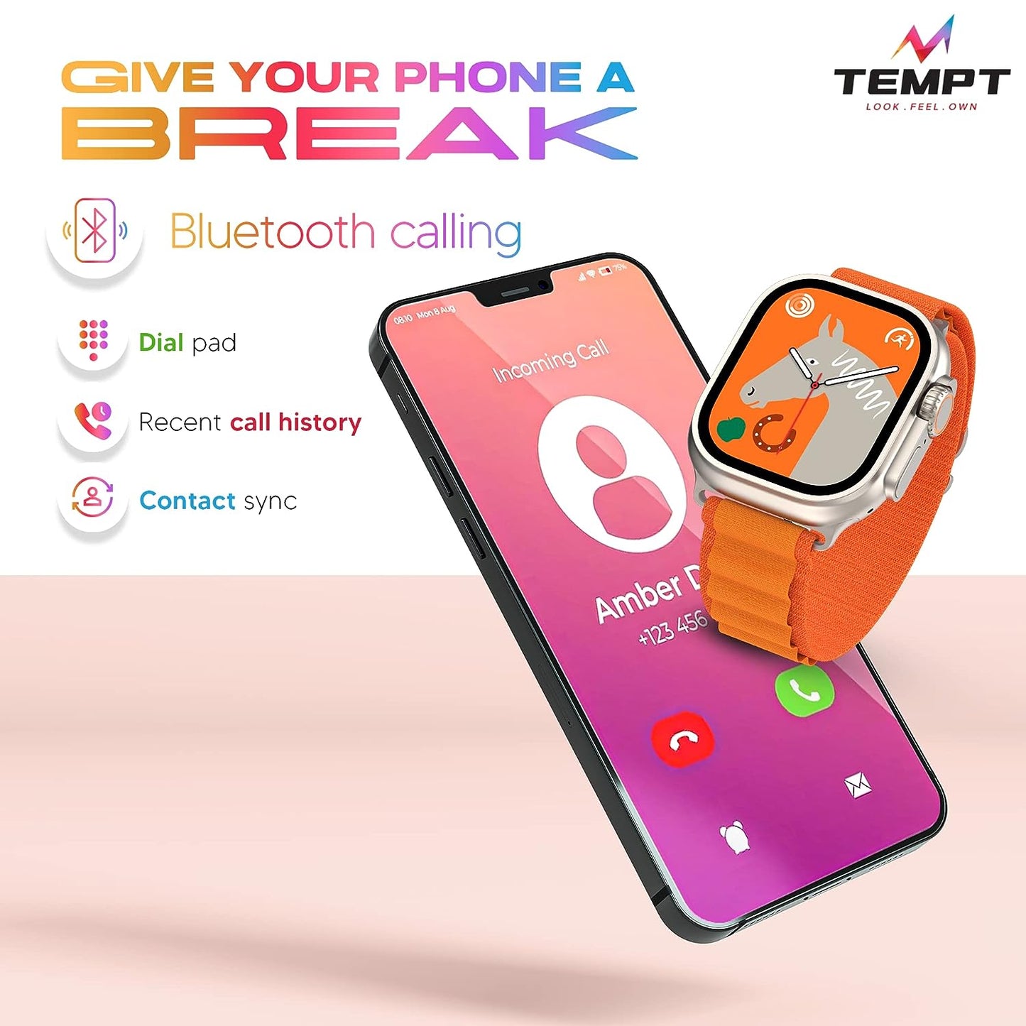 Tempt  Verge Pro Smart Watch 2.01" IPS Display, Multiple Watch Faces, Fitness Tracker for Android & iOS Sport Modes Orange