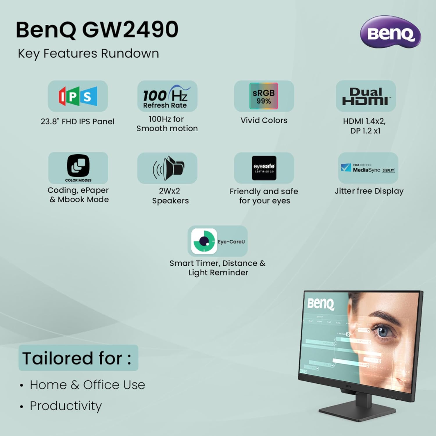 BenQ 23.8 Inch GW2490 IPS Panel LED Monitor HDMI Speaker