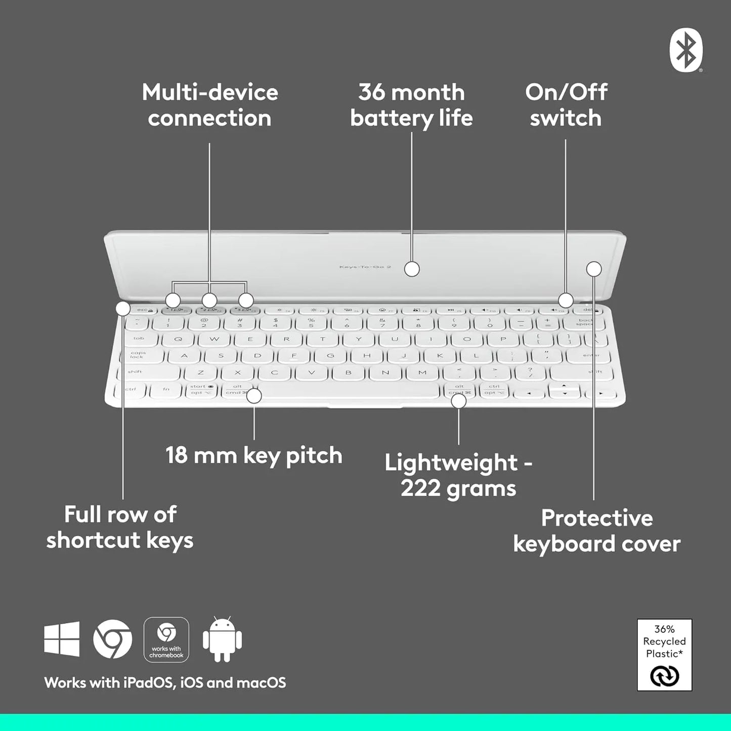 Logitech Keys-to-Go 2 Portable Bluetooth Keyboard for Tablet with Built-in Cover  Pale Grey
