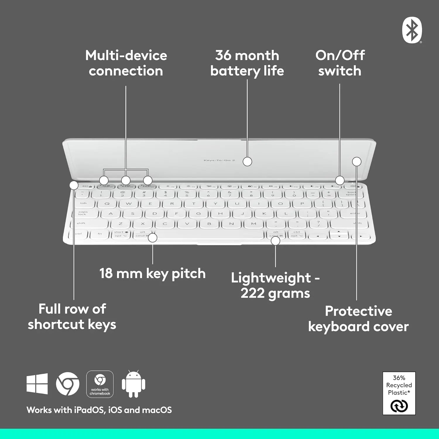 Logitech Keys-to-Go 2 Portable Bluetooth Keyboard for Tablet with Built-in Cover  Pale Grey