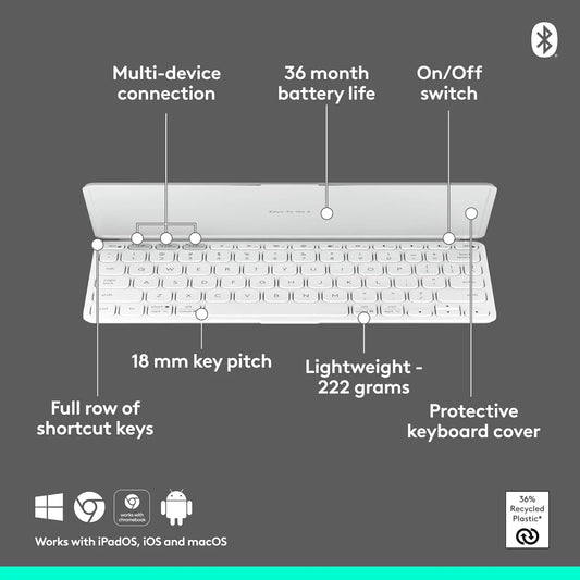 Logitech Keys-to-Go 2 Portable Bluetooth Keyboard for Tablet with Built-in Cover  Pale Grey
