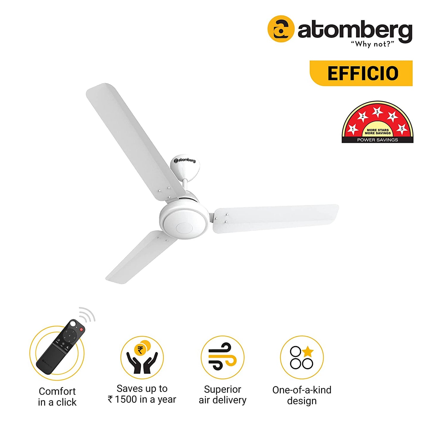 Atomberg Efficio Energy Saving 5 Star Rated 1200 mm 1200 mm BLDC Motor with Remote 3 Blade Ceiling Fan White