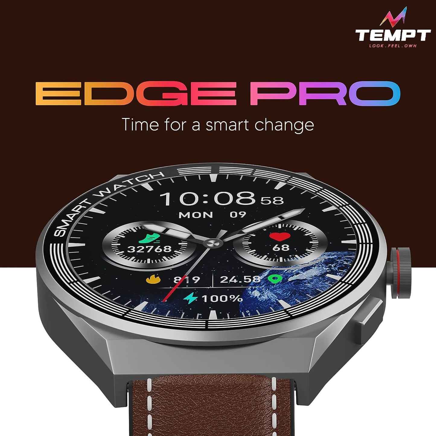 Tempt Edge Pro Smartwatch 1.51" AMOLED Display, Multiple Watch Faces & Sport Modes Brown