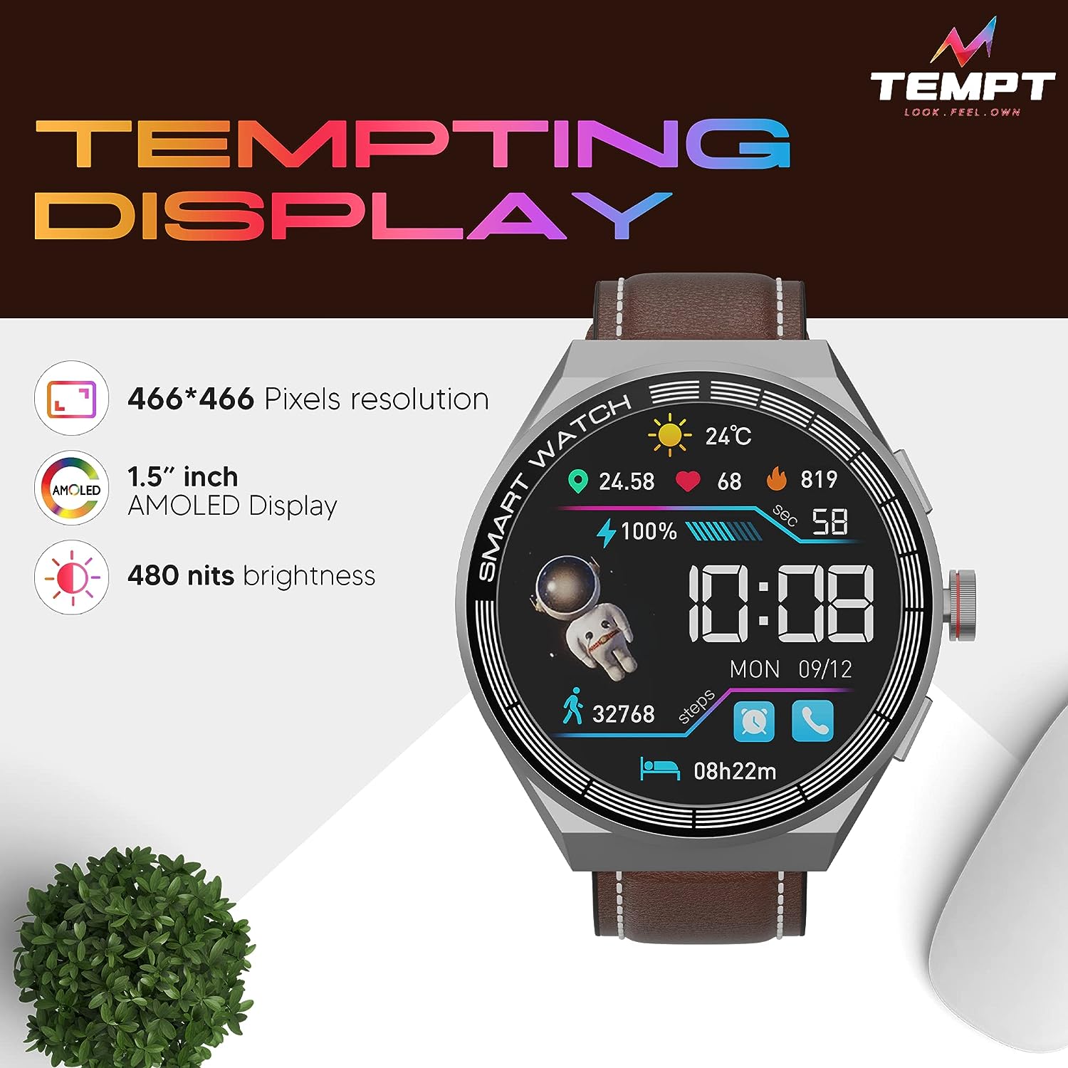 Tempt Edge Pro Smartwatch 1.51" AMOLED Display, Multiple Watch Faces & Sport Modes Brown