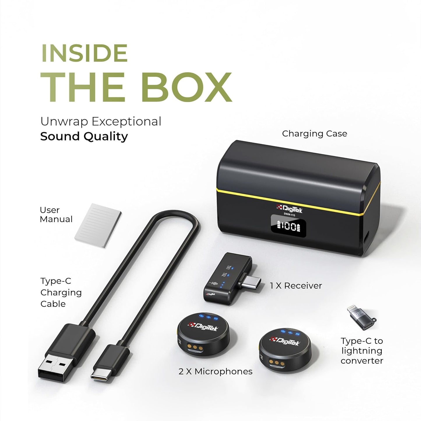 Digitek DWM-115 2-in-1 Wireless Microphone, 2.4GHz, Magnetic Clip, Noise Reduction Lavalier Mic