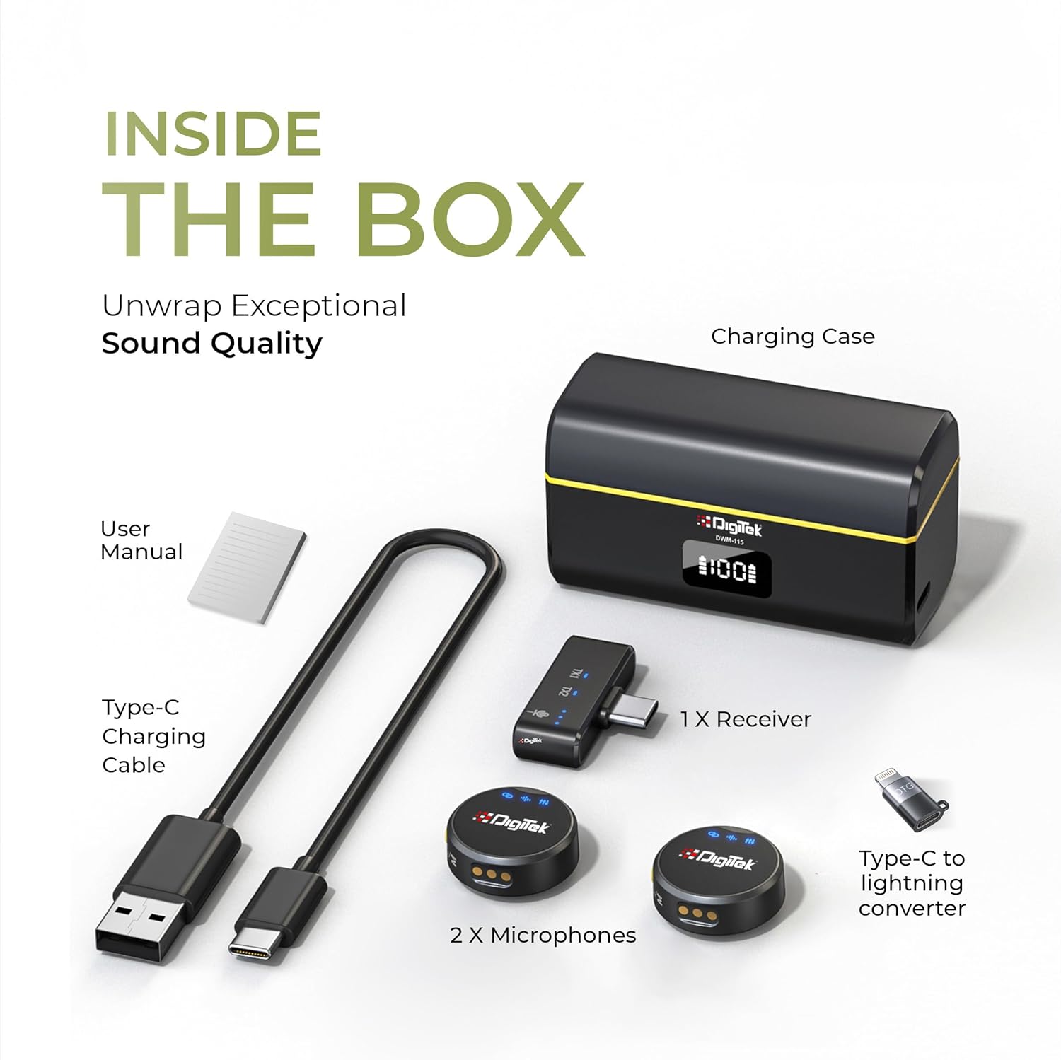 Digitek DWM-115 2-in-1 Wireless Microphone, 2.4GHz, Magnetic Clip, Noise Reduction Lavalier Mic