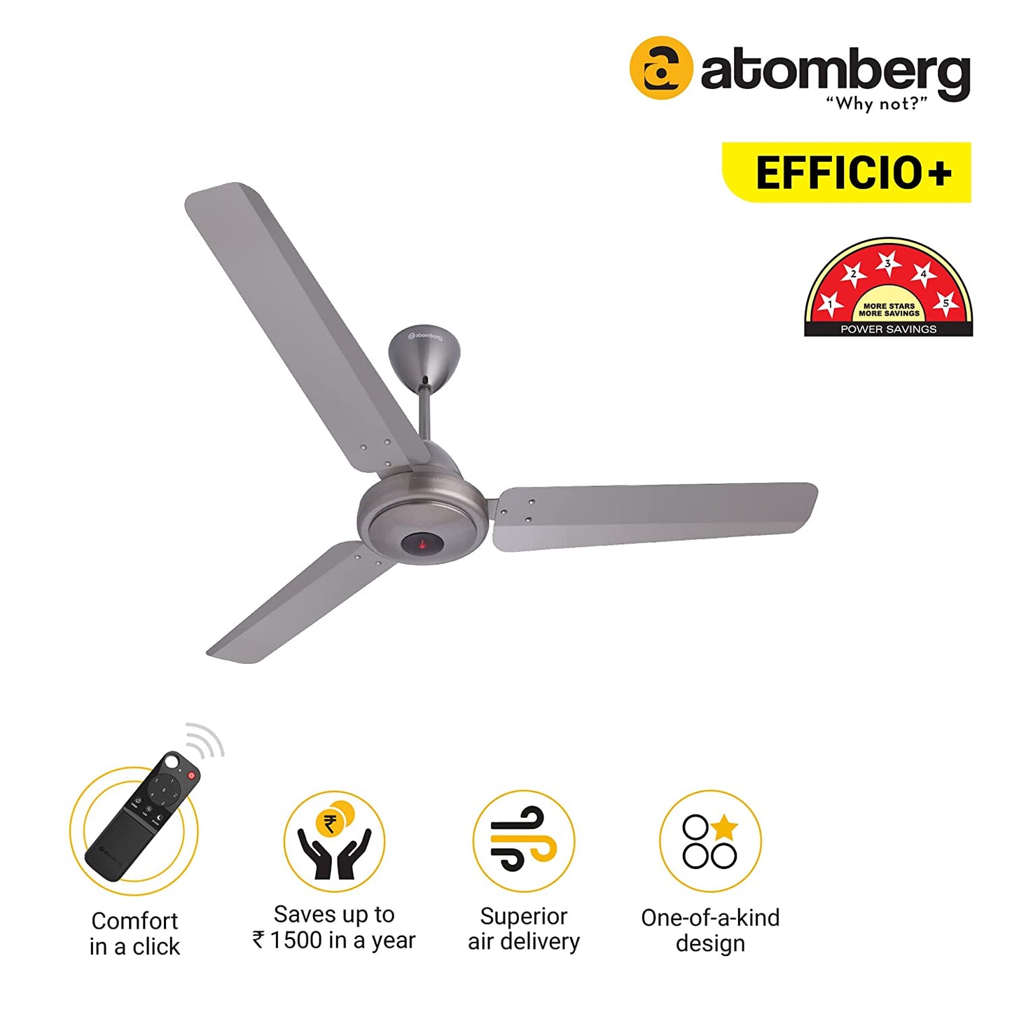 Atomberg Efficio+ 1200 mm BLDC Motor with Remote 3 Blade Ceiling Fan sand grey
