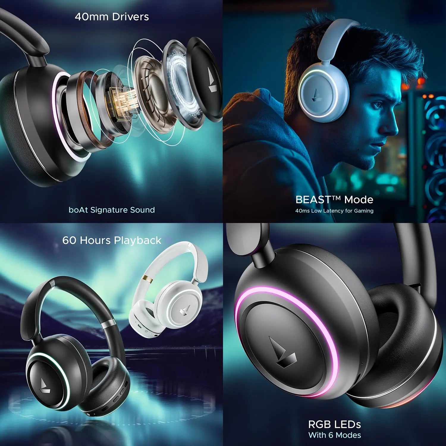 Boat Rockerz 480 W/RGB LEDs, 6 Light Modes, 40Mm Drivers, Beast Mode, 60Hrs Playback, Enx Tech, BT V5.3, Adaptive Fit & Easy Access Controls, Bluetooth Over Ear Headphones(Black Sabre)