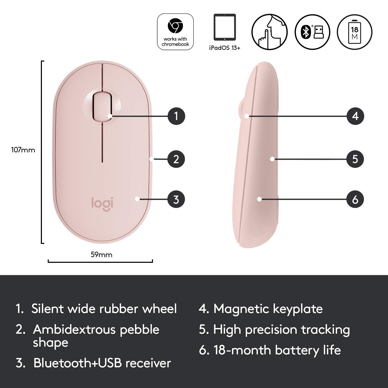 Logitech Pebble M350  Wireless Mouse with Bluetooth Rose