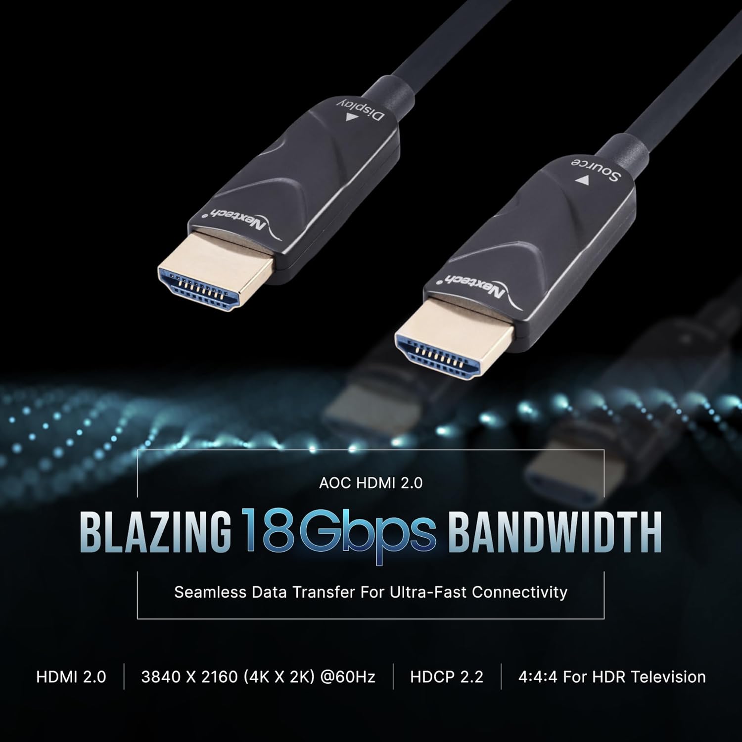 Nextech NC108 HDMI 2.0 Active Optical Cable 4K, 4:4:4 60FPS, supports HDR - HDCP - 18Gbps, Compatible with TV, Gaming Console etc (15M)