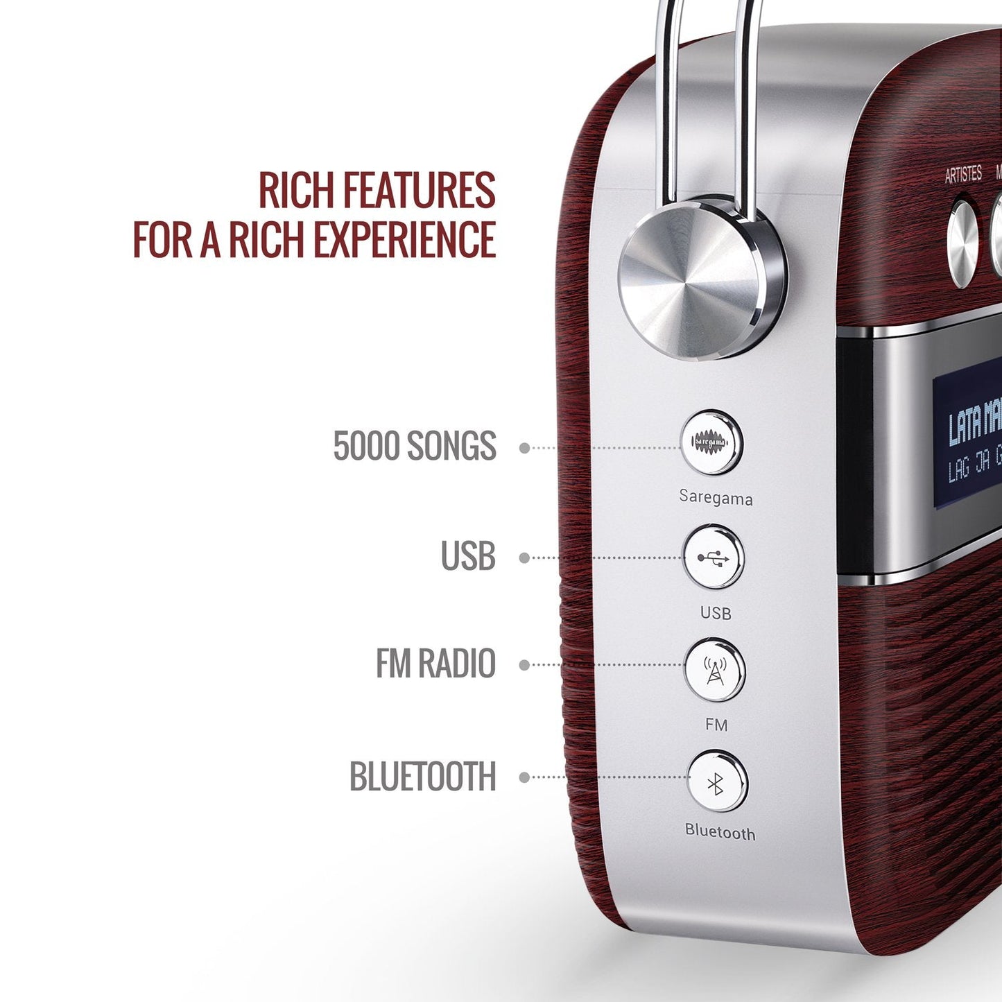 Saregama Carvaan Portable Wireless Speaker with USB FM Bluetooth & 5000 Pre Installed Songs - Cherywood Red