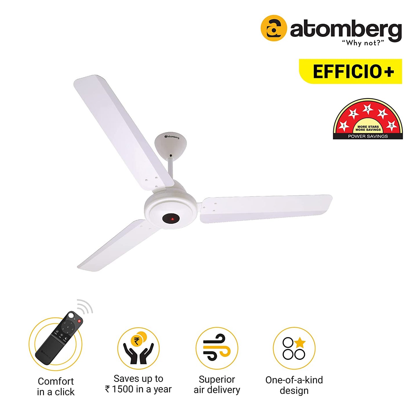 Atomberg Efficio+ 1200 mm BLDC Motor with Remote 3 Blade Ceiling Fan Pearl white