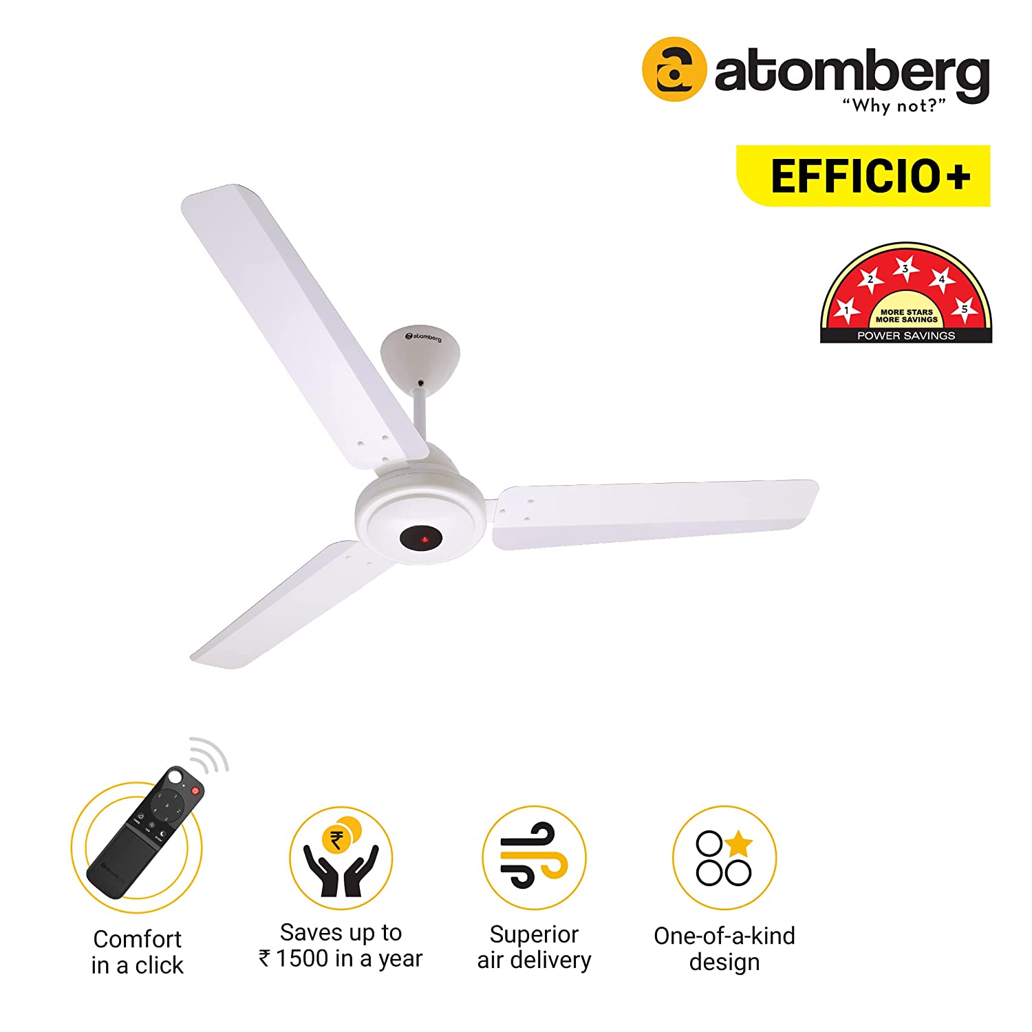 Atomberg Efficio+ 1200 mm BLDC Motor with Remote 3 Blade Ceiling Fan Pearl white
