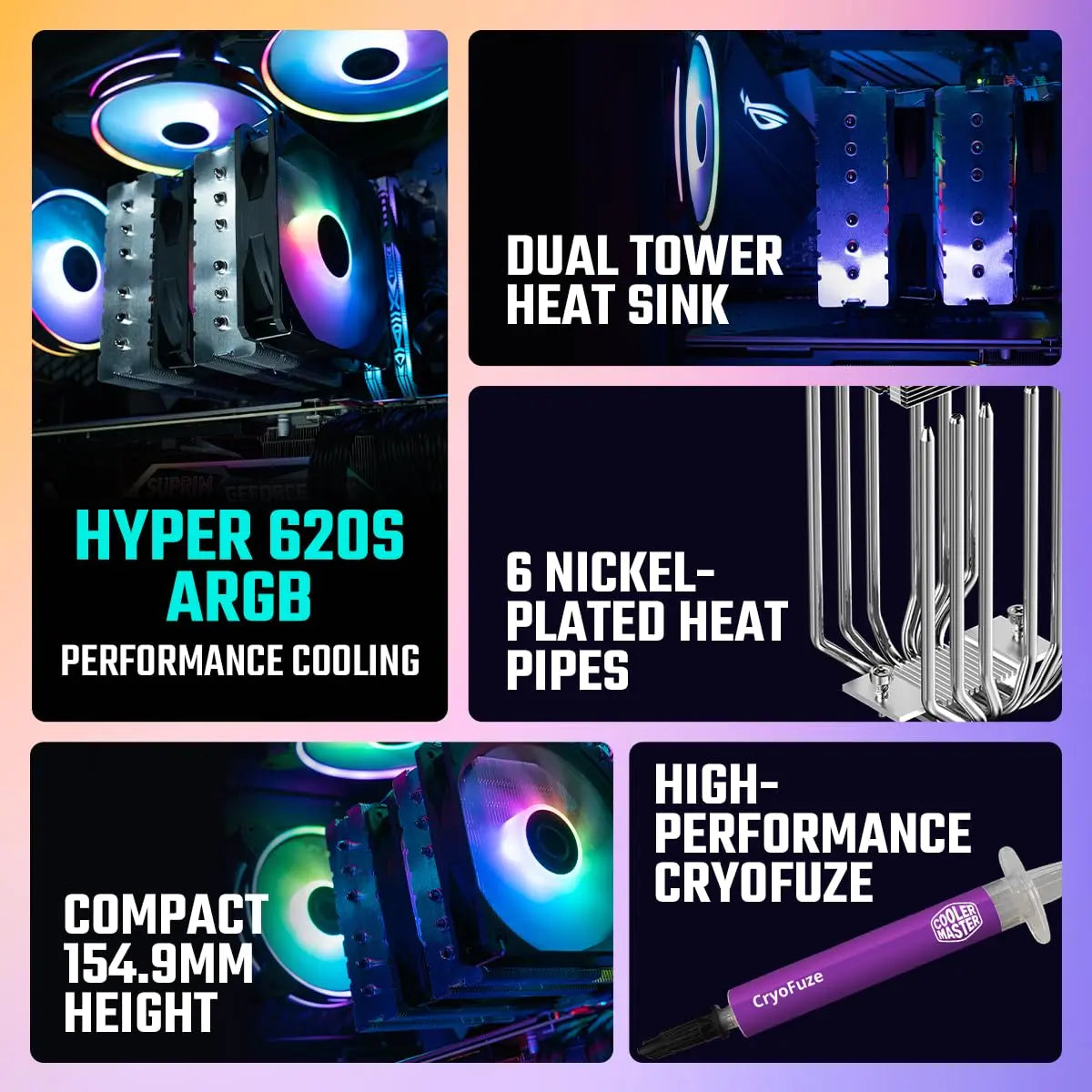 Cooler Master Hyper 620S ARGB Sync 120mm Dual Tower CPU Air Cooler - Black