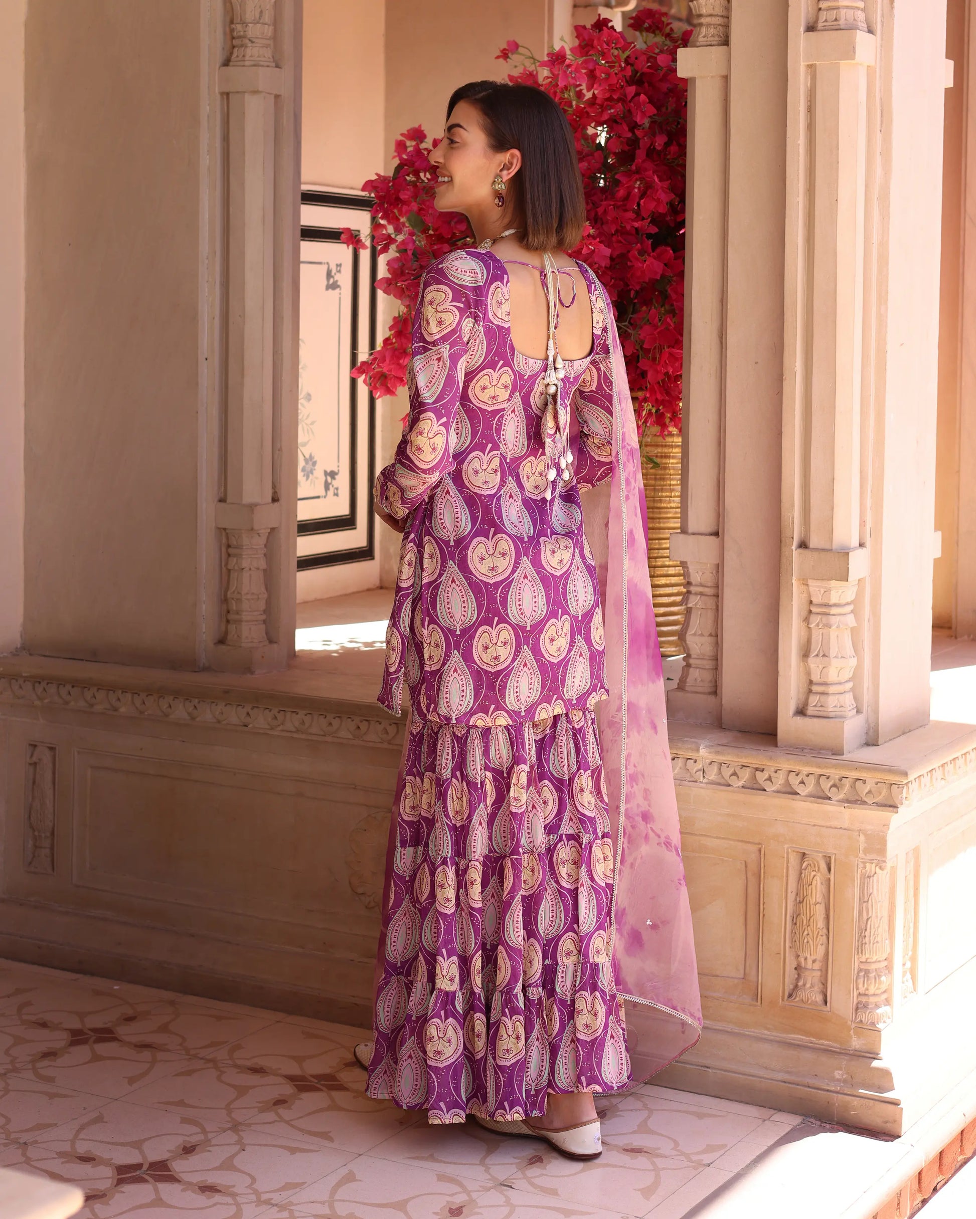 Lilac Floral Fantasy Printed Chinon Sharara Set My Store