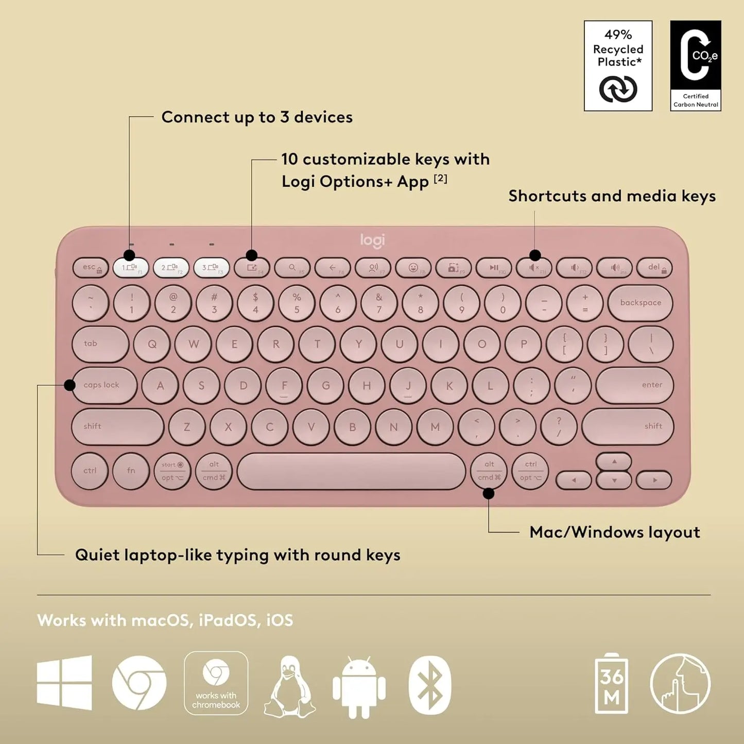 Logitech Pebble Keys 2 K380s, Multi-Device Bluetooth Wireless Keyboard Tonal Rose