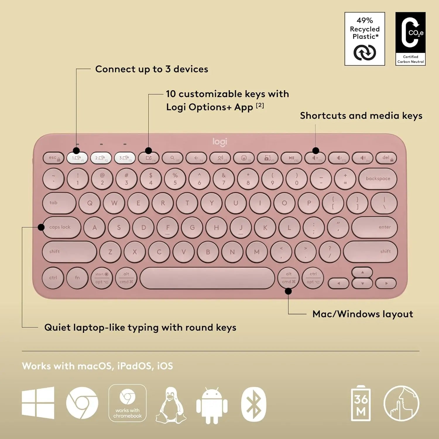 Logitech Pebble Keys 2 K380s, Multi-Device Bluetooth Wireless Keyboard Tonal Rose