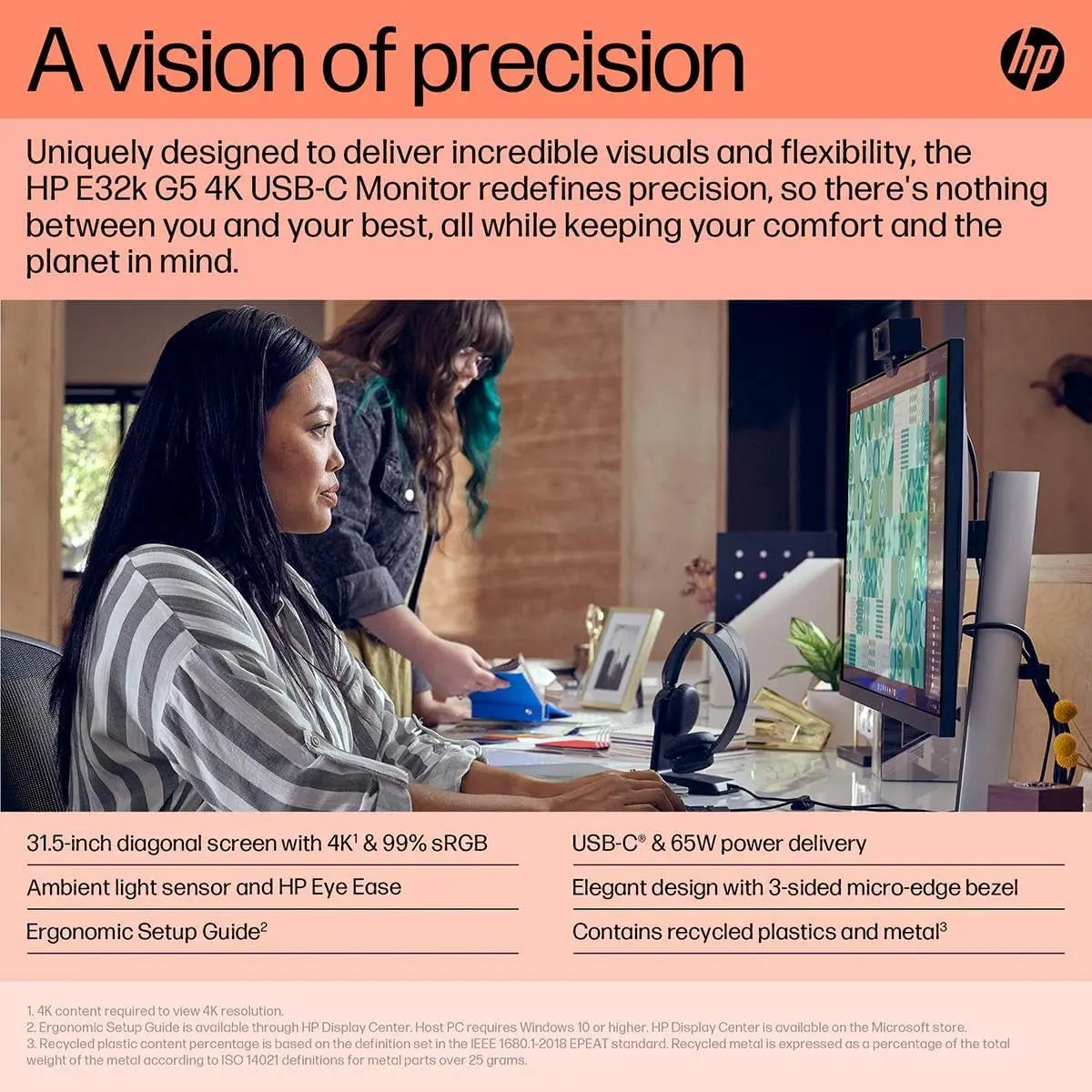 HP E32K G5 31.5" 2160p 4K UHD IPS Panel 99% sRGB Eye Ease USB-C Monitor with Speakers My Store