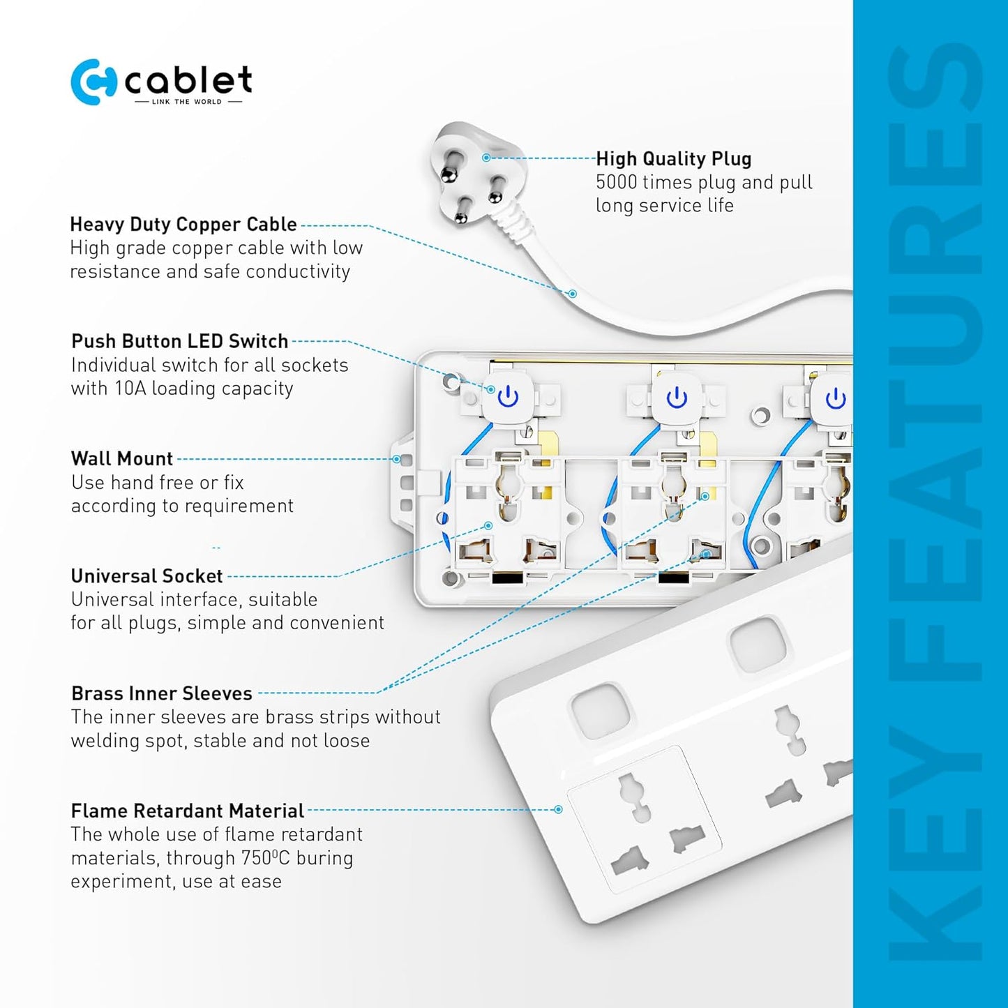 Cablet 3 Socket 3 Switch 4.5m Spike  3030-45