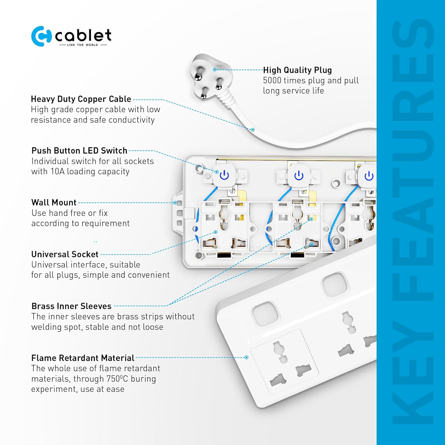 Cablet 3 Socket 3 Switch 4.5m Spike  3030-45