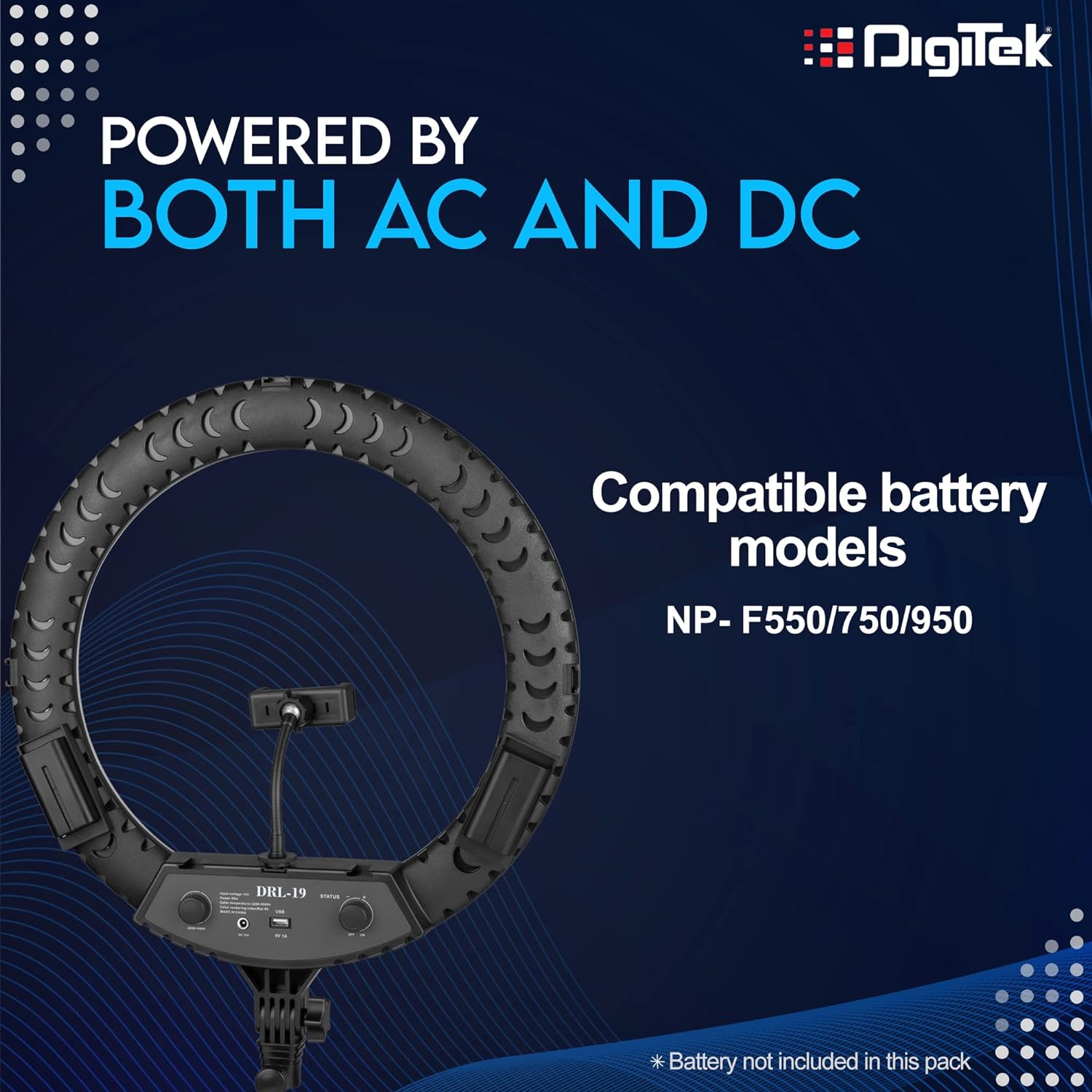 Digitek Platinum DPRL-19RT Professional LED Ring Light Runs on AC Power with No Shadow apertures, Ideal use for Makeup, Video Shoot,