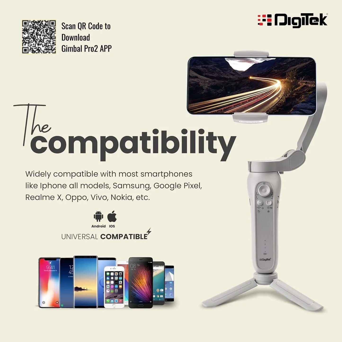 Digitek DSG-007F AI 3 Axis Wide Angle Smartphone Gimbal with AI Tracker & 5 hrs Working time