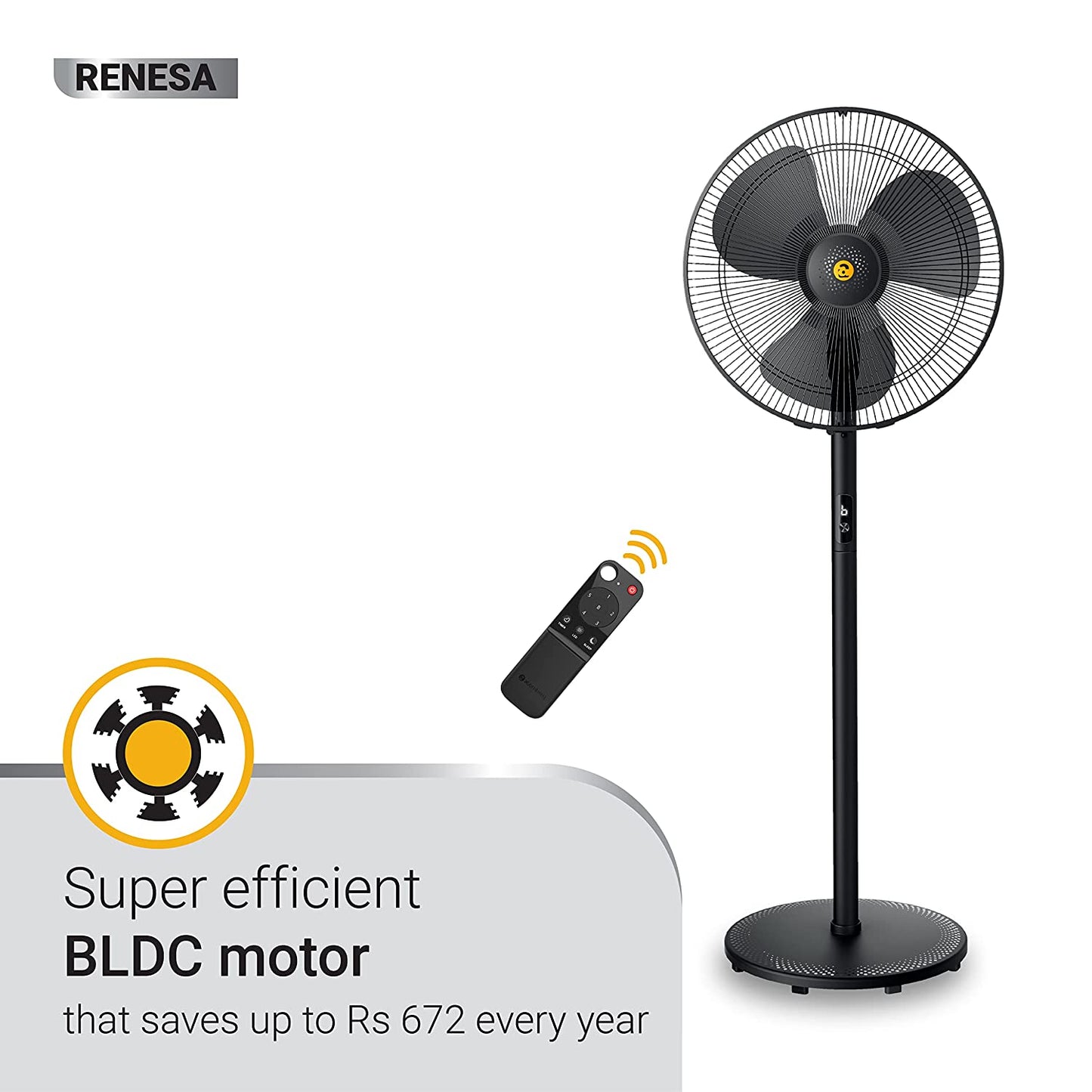 Atomberg Renesa 400mm NON-SWING BLDC motor Energy Saving Pedestal Fan with Remote Control Black