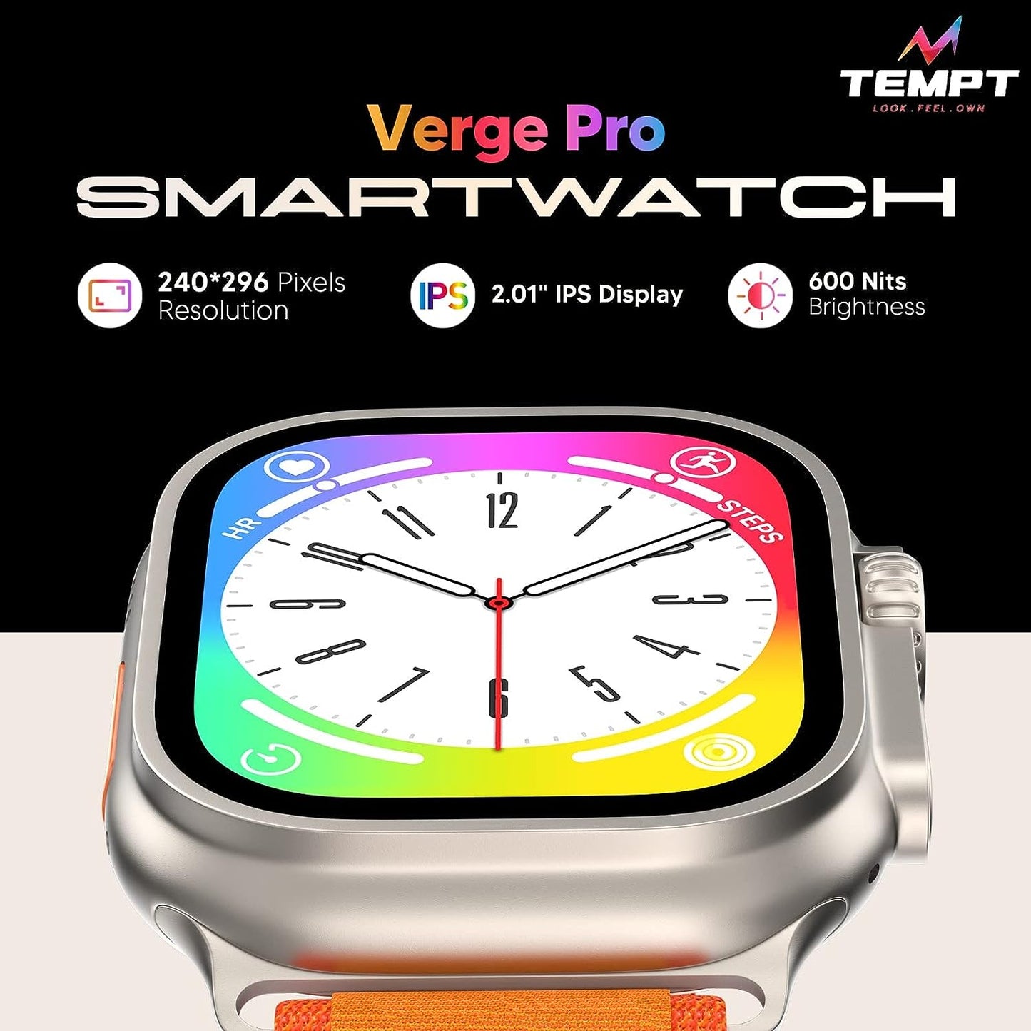 Tempt  Verge Pro Smart Watch 2.01" IPS Display, Multiple Watch Faces, Fitness Tracker for Android & iOS Sport Modes Orange