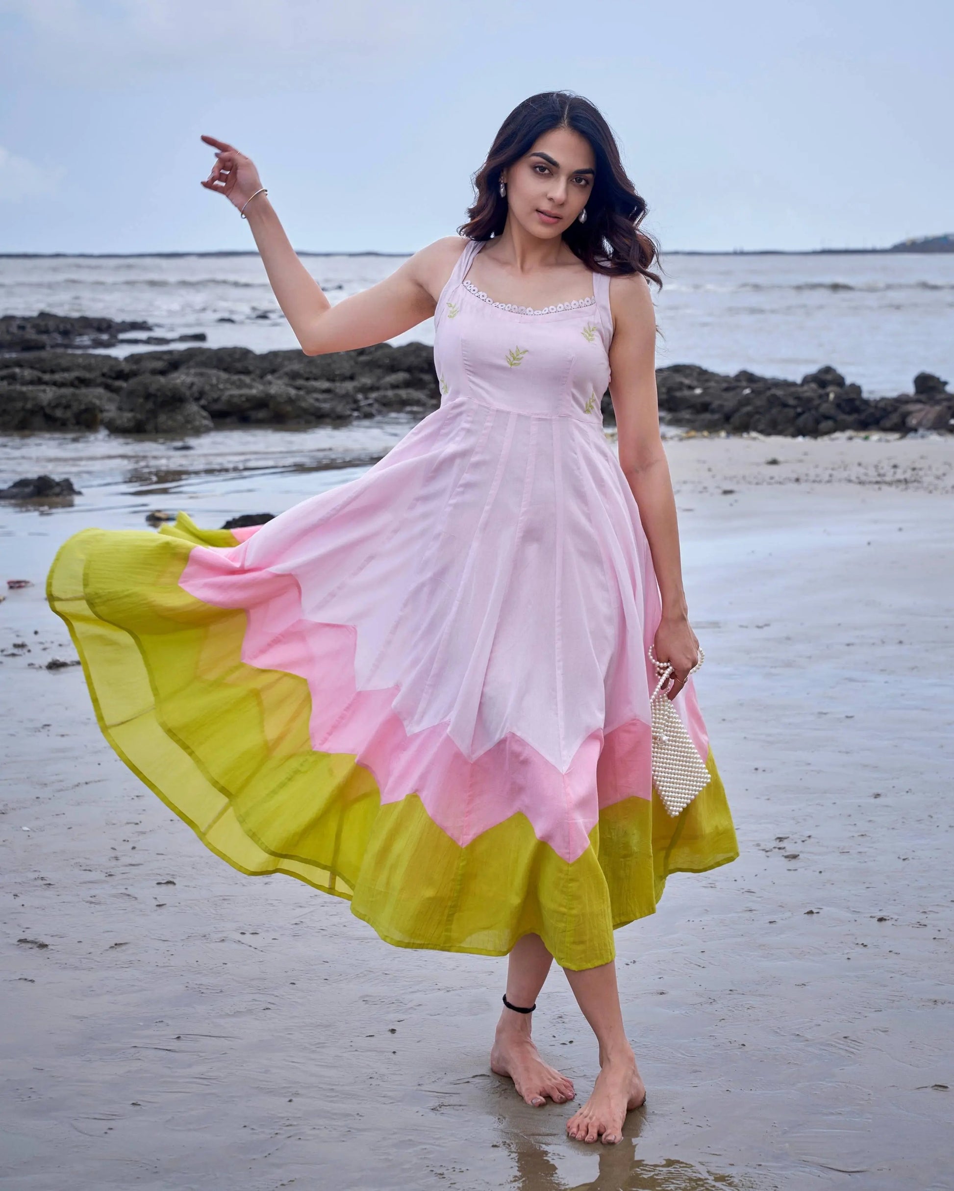 Sparrow Pink Green Colour Blocking Embroidered Cotton Dress My Store