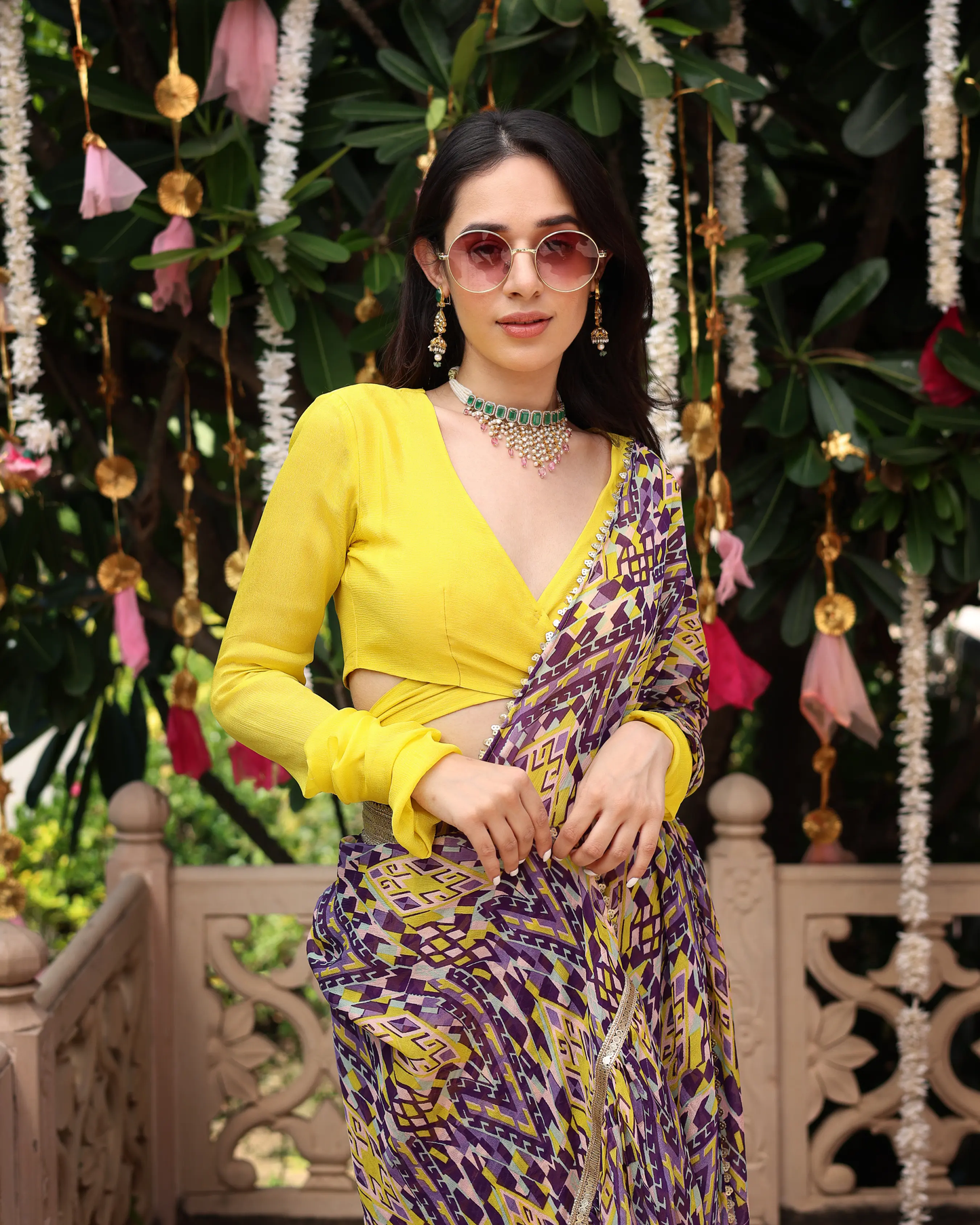 Purple Yellow Melody Printed Chinon Pre Draped Saree My Store