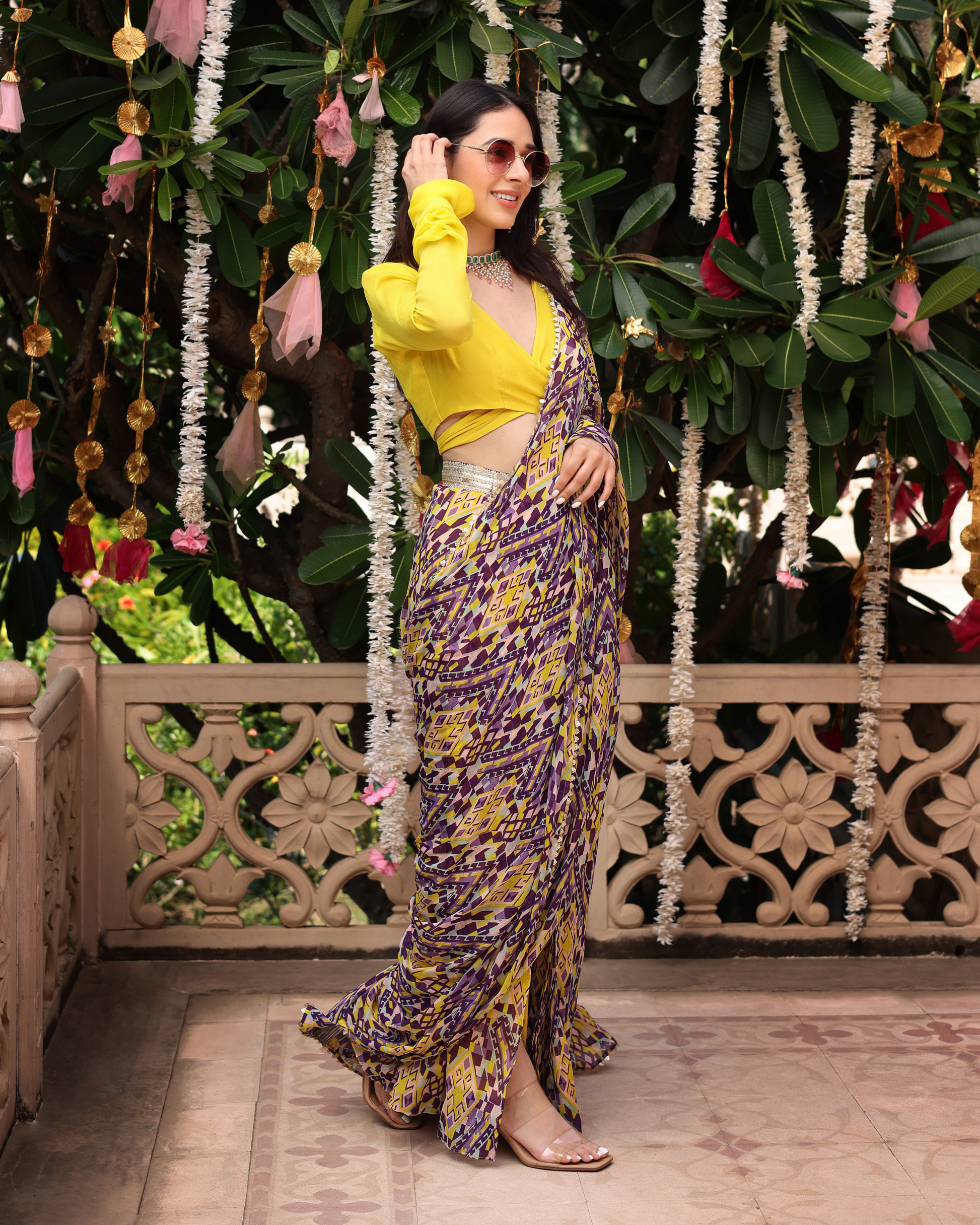 Purple Yellow Melody Printed Chinon Pre Draped Saree Quick Cart