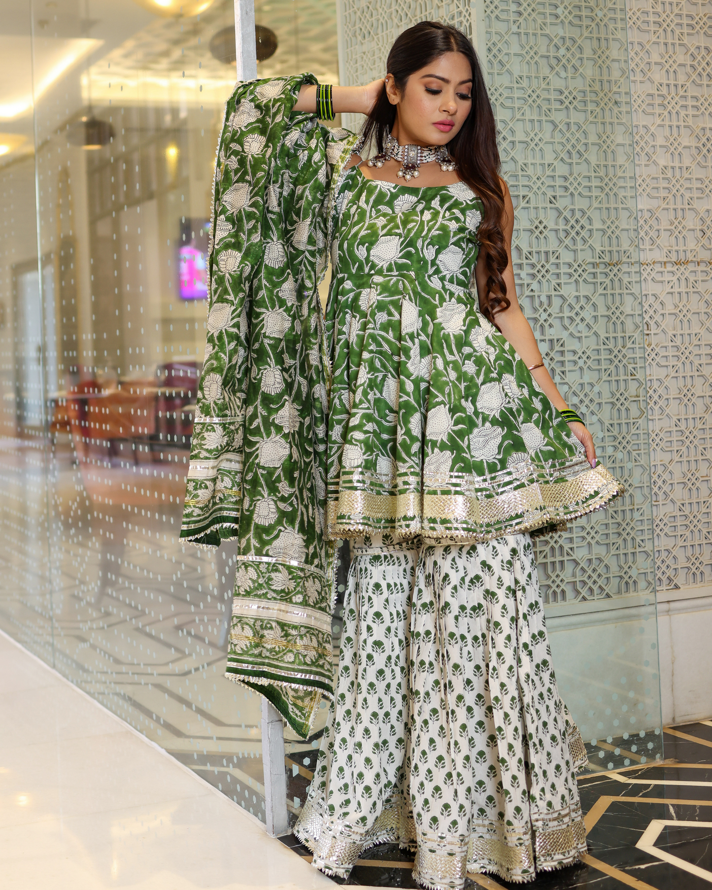 Green Butterfly Handblock Sharara Set My Store