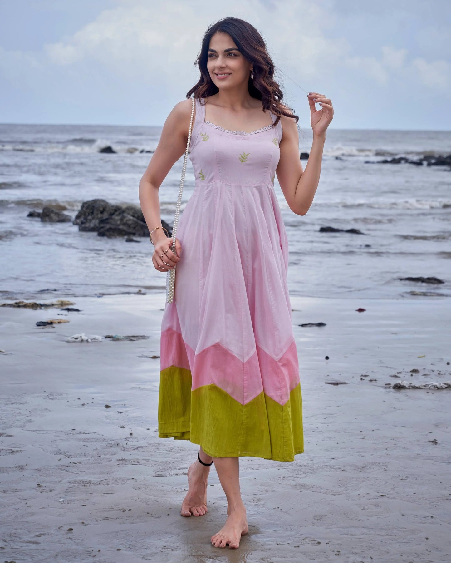 Sparrow Pink Green Colour Blocking Embroidered Cotton Dress My Store