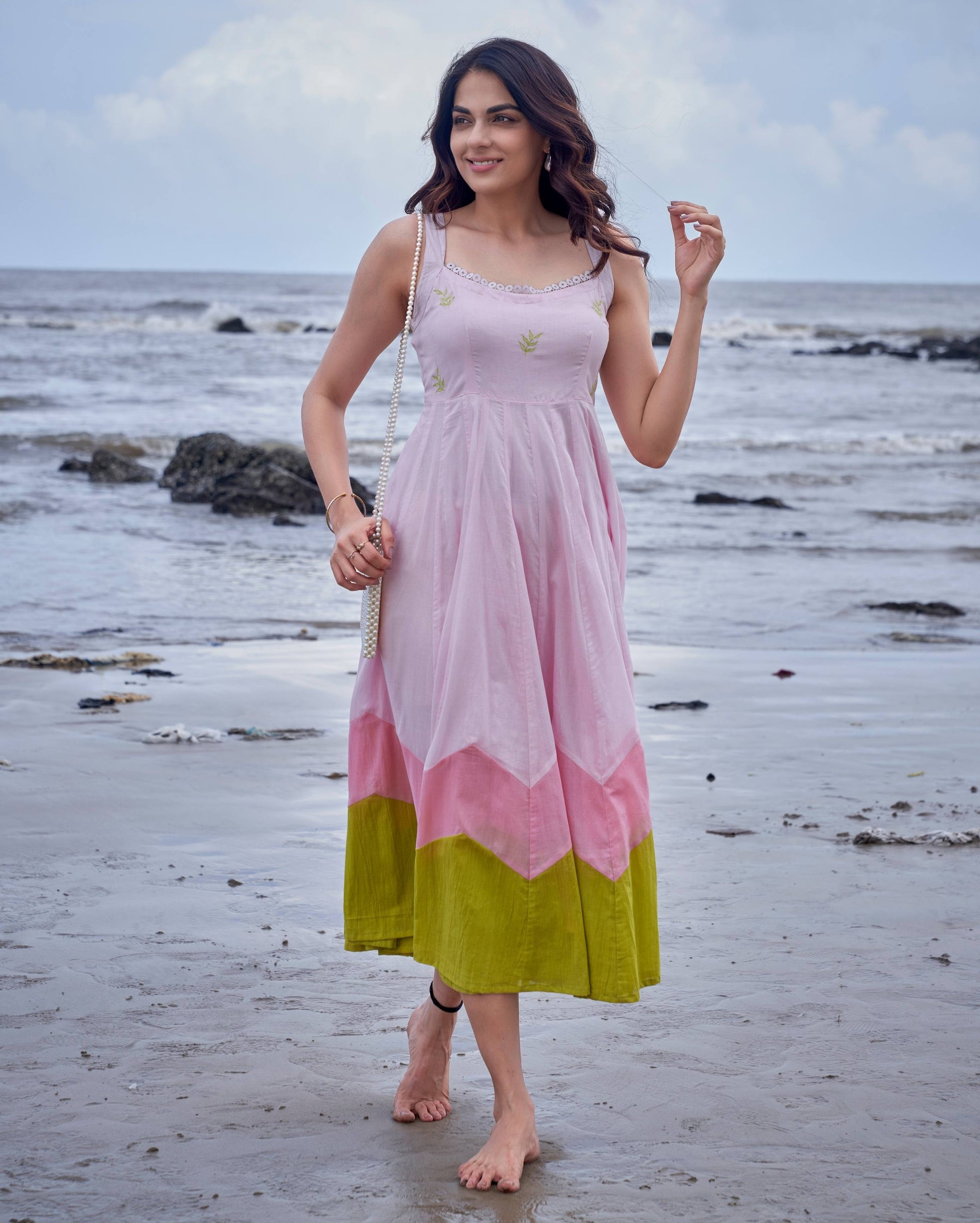 Sparrow Pink Green Colour Blocking Embroidered Cotton Dress Quick Cart