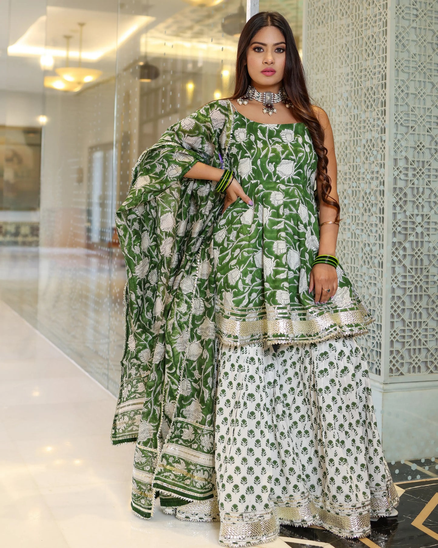 Green Butterfly Handblock Sharara Set My Store
