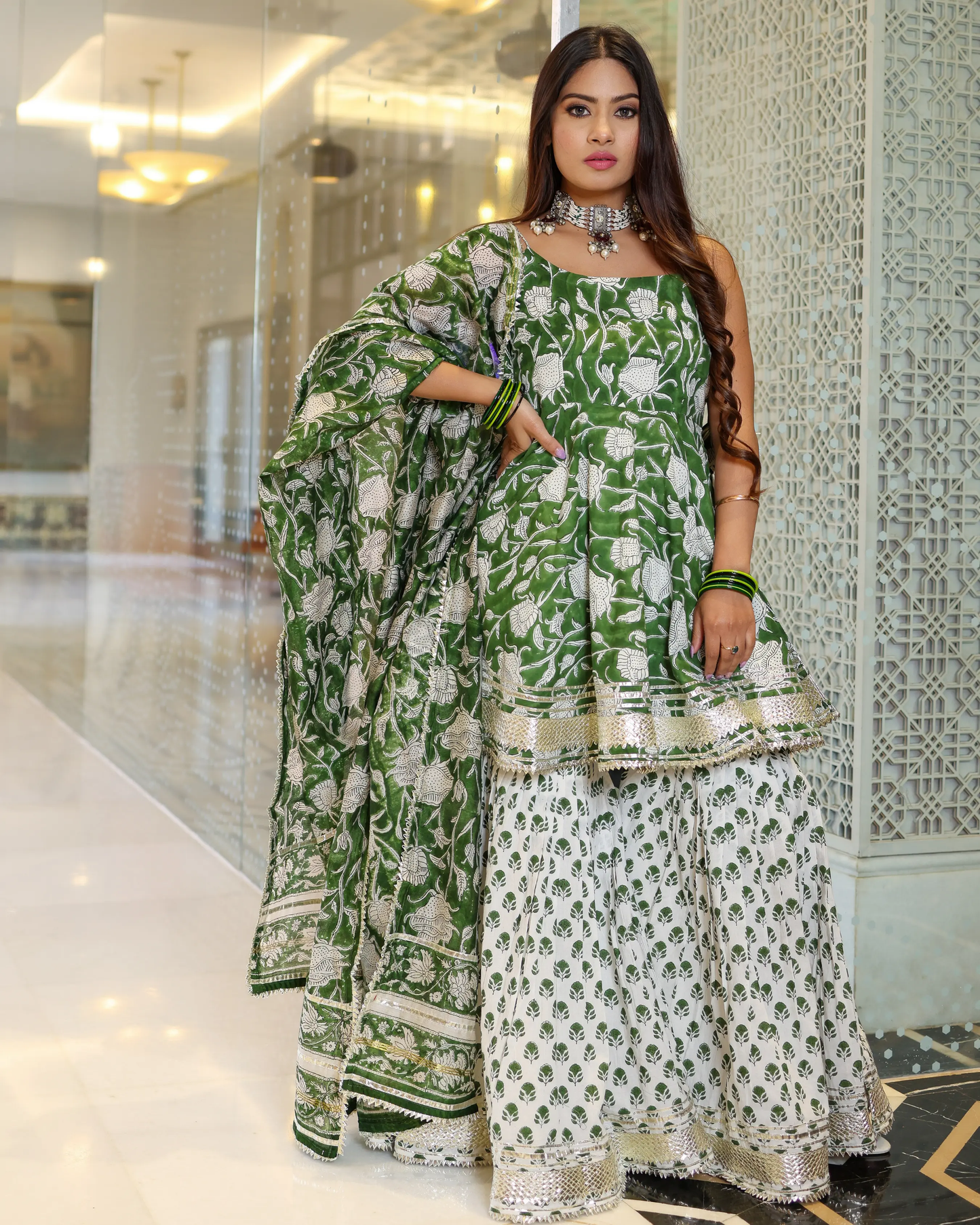 Green Butterfly Handblock Sharara Set My Store