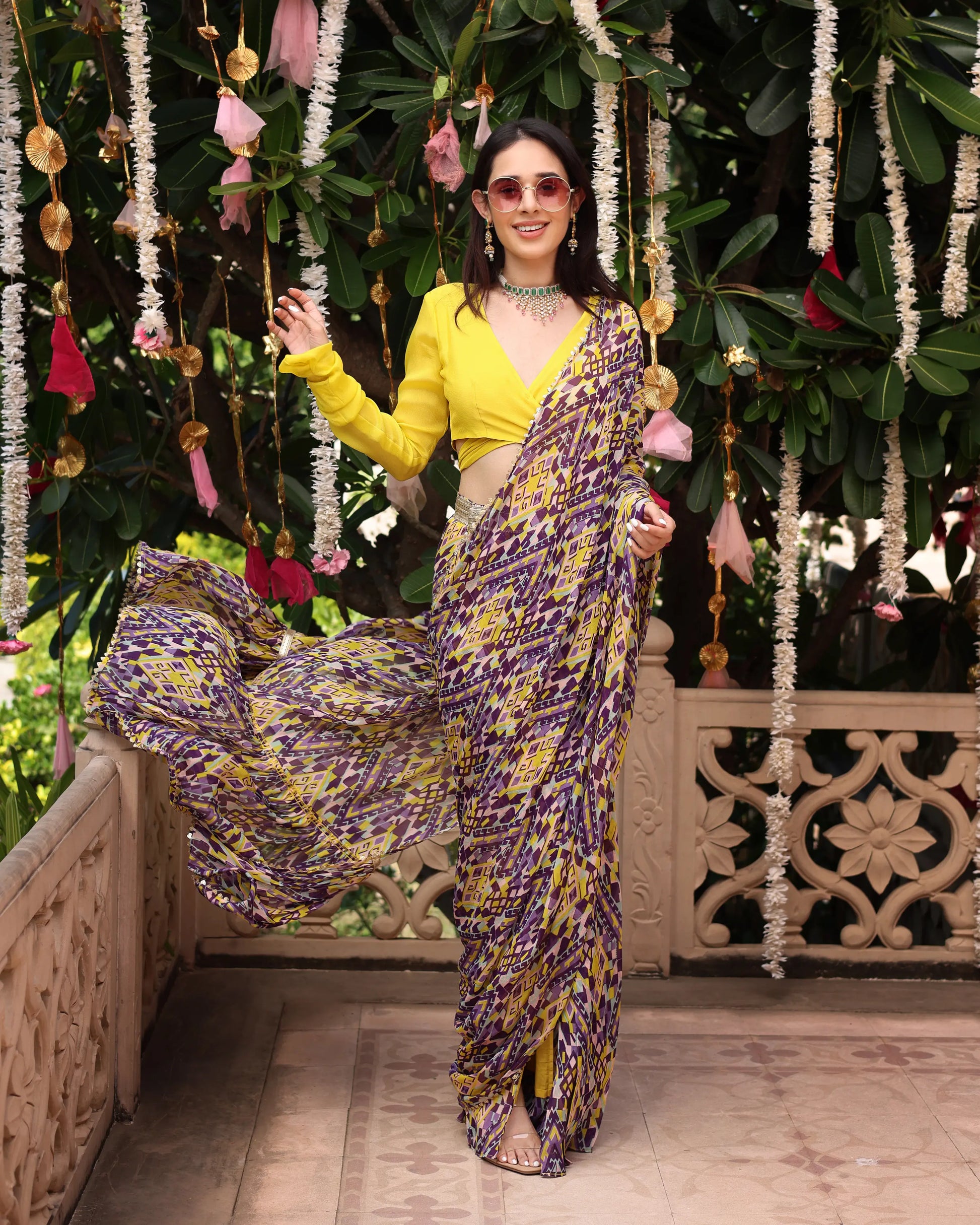 Purple Yellow Melody Printed Chinon Pre Draped Saree My Store
