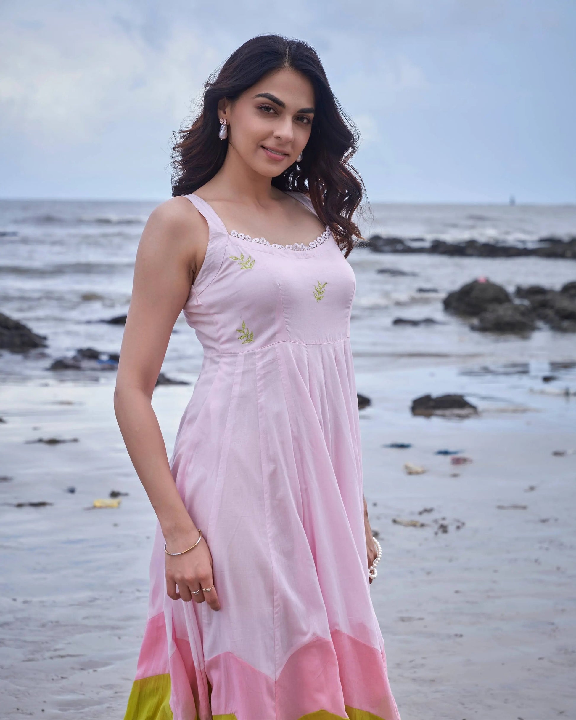 Sparrow Pink Green Colour Blocking Embroidered Cotton Dress My Store