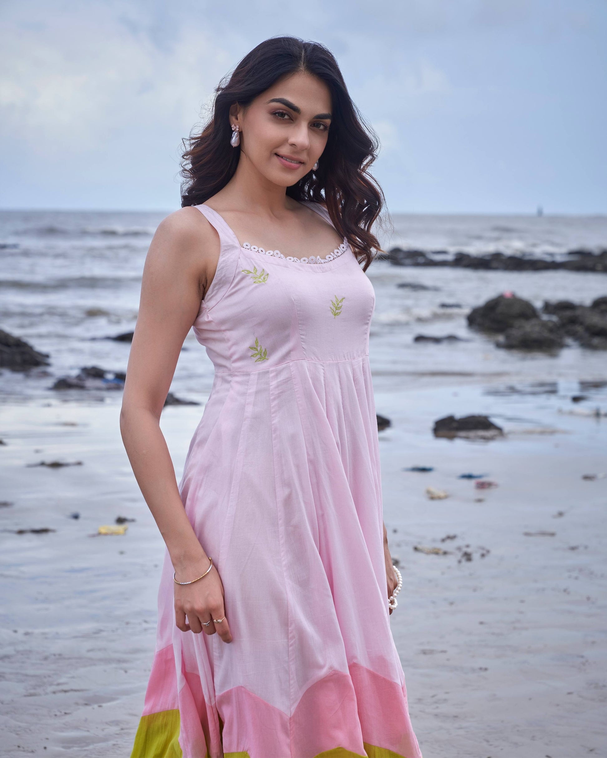 Sparrow Pink Green Colour Blocking Embroidered Cotton Dress Quick Cart