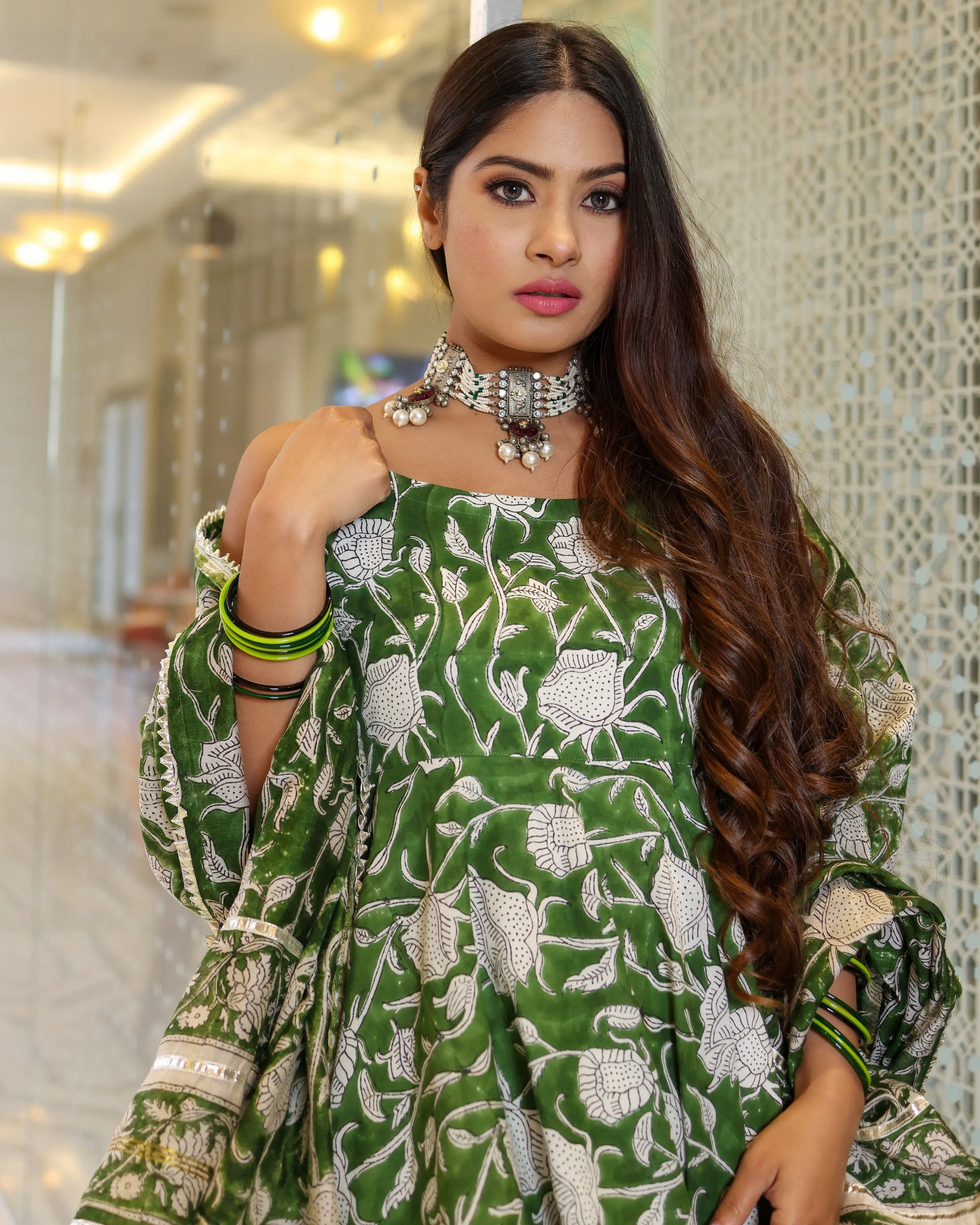 Green Butterfly Handblock Sharara Set My Store