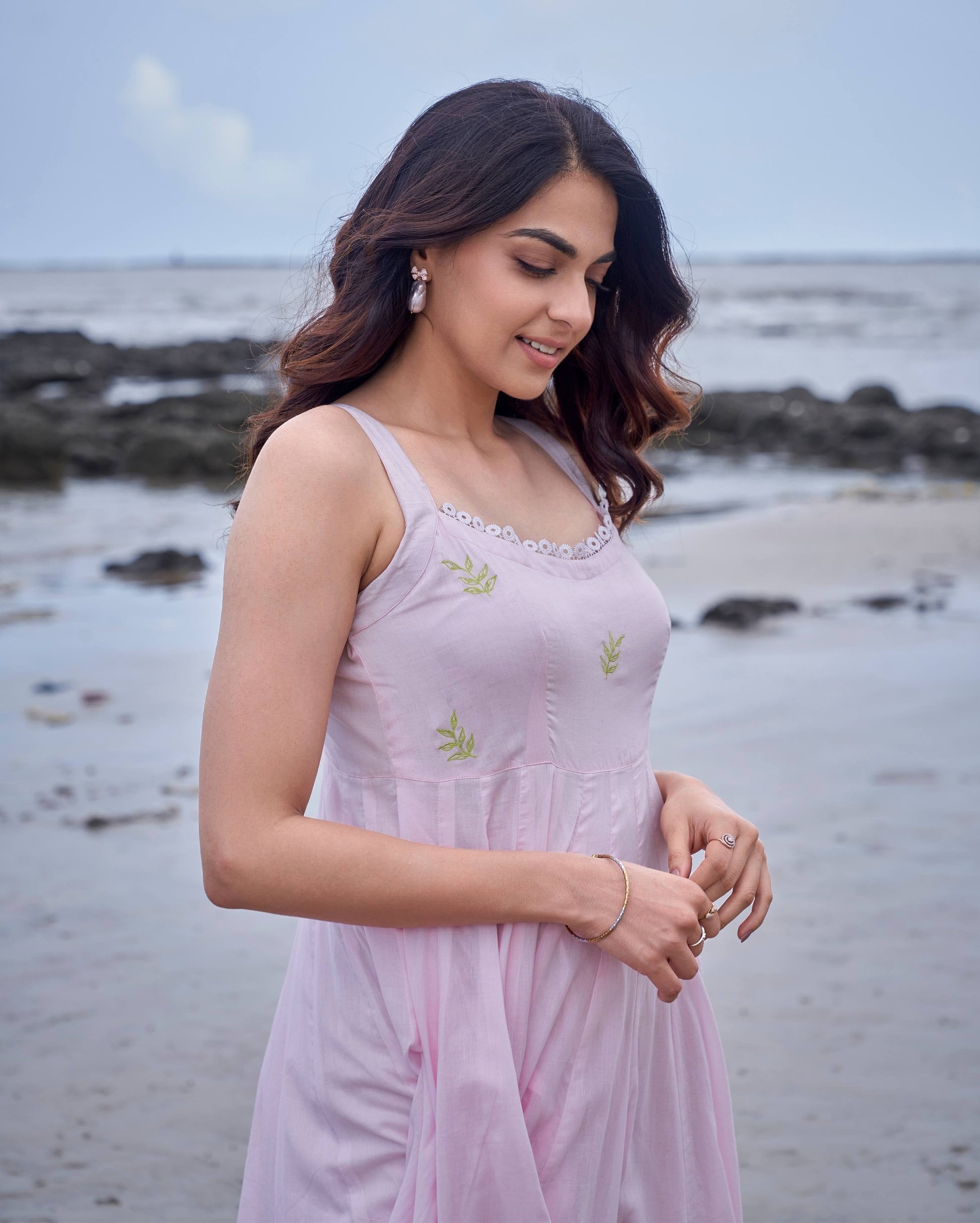 Sparrow Pink Green Colour Blocking Embroidered Cotton Dress Quick Cart