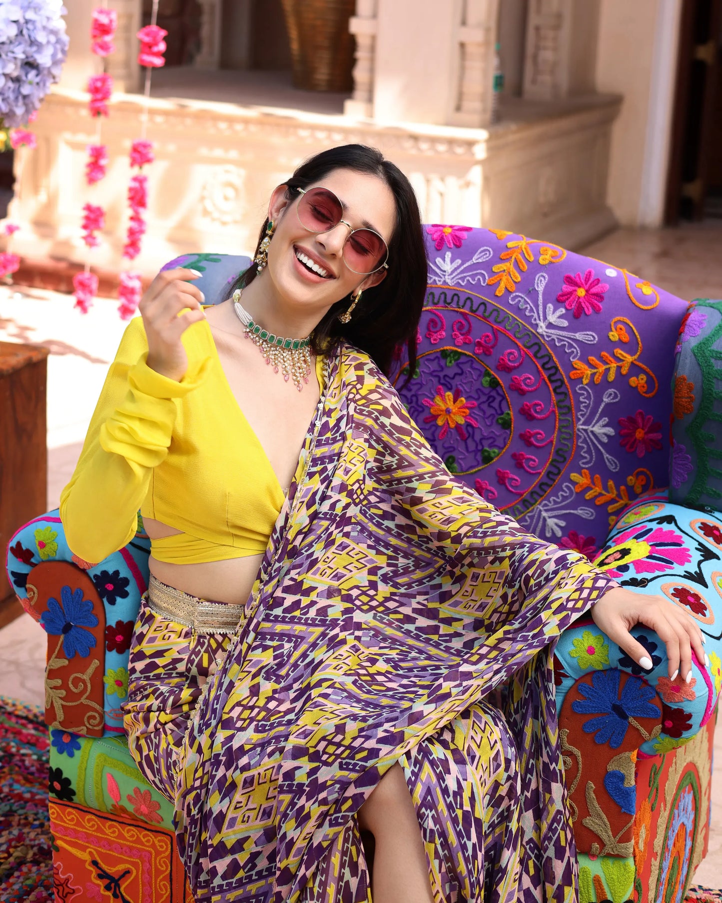 Purple Yellow Melody Printed Chinon Pre Draped Saree My Store