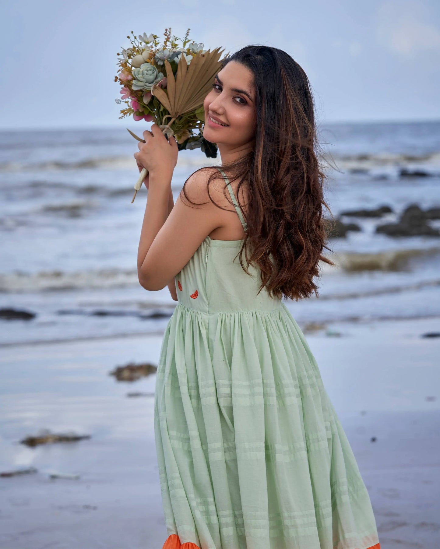 Tangerine Green Orange Colour Blocking Embroidered Cotton Dress My Store