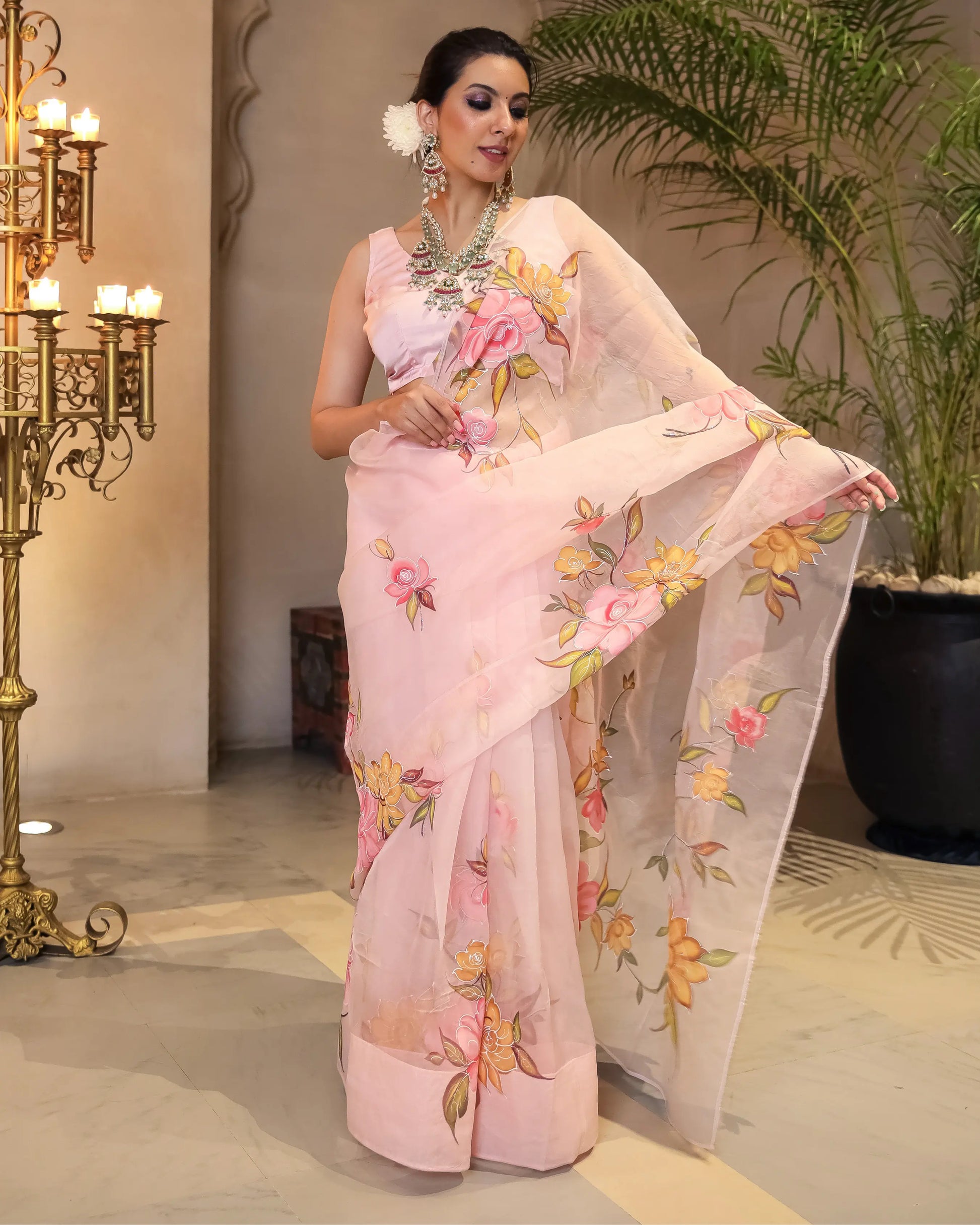 Peach Aura Embellished Handpainted Organza Silk Saree My Store