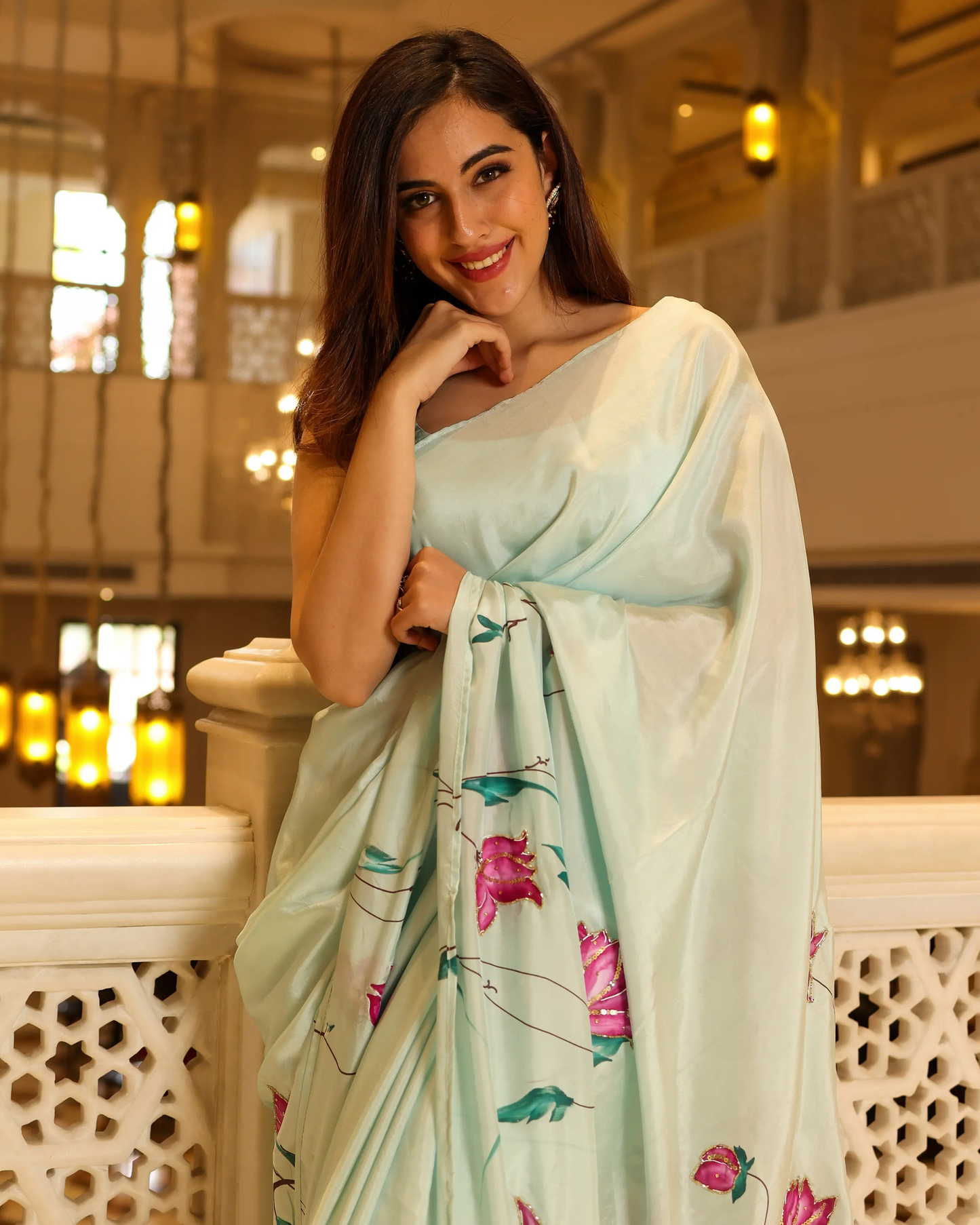 Green Cardamom Handpainted Silk Saree My Store