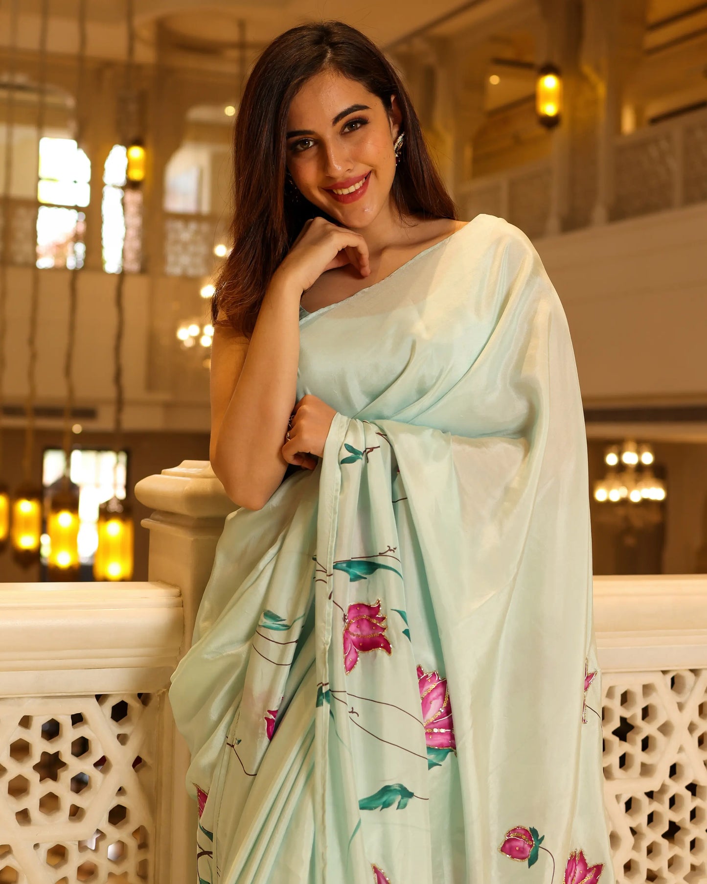 Green Cardamom Handpainted Silk Saree My Store