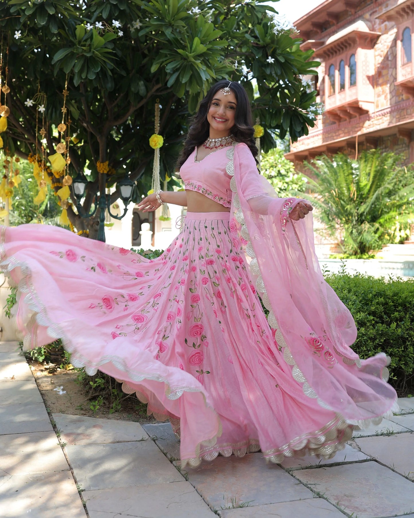 Dewberry Pink Handpainted Chanderi Lehenga Set My Store